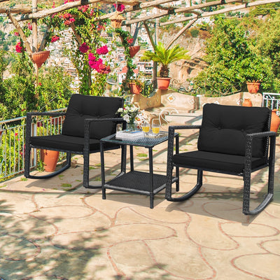 3 Pieces Cushioned Patio Rattan Set with Rocking Chair and Table-Black 