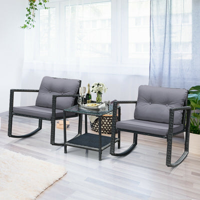 3 Pcs Cushioned Patio Rattan Set with Rocking Chair and Table-Gray 