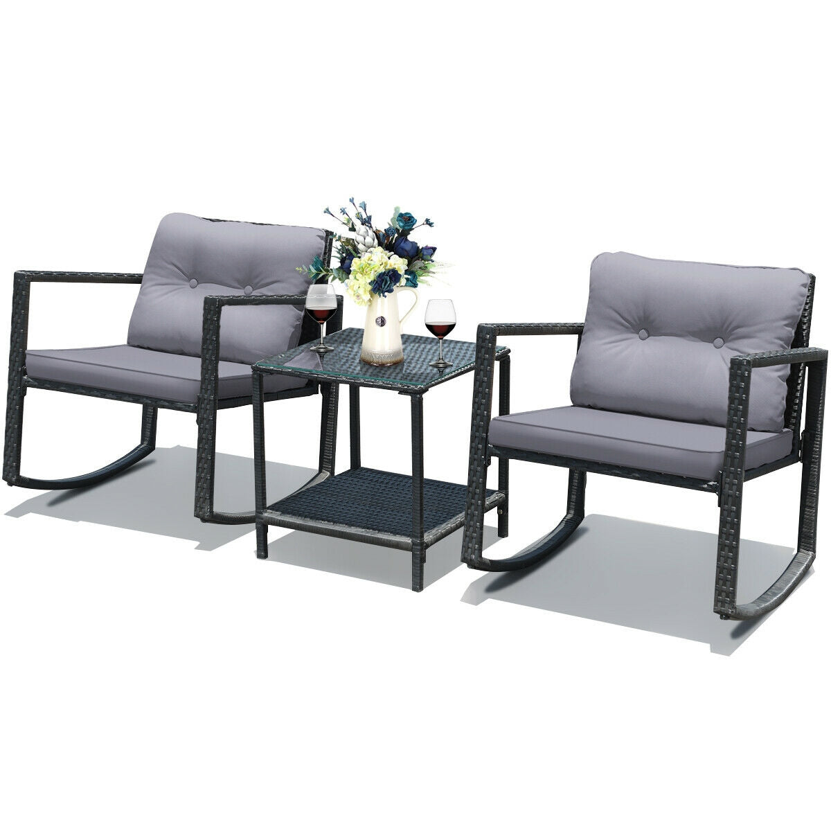 3 Pcs Cushioned Patio Rattan Set with Rocking Chair and Table-Gray