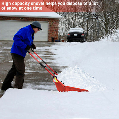 Folding Snow Pusher Scoop Shovel with Wheels and Handle-Red 
