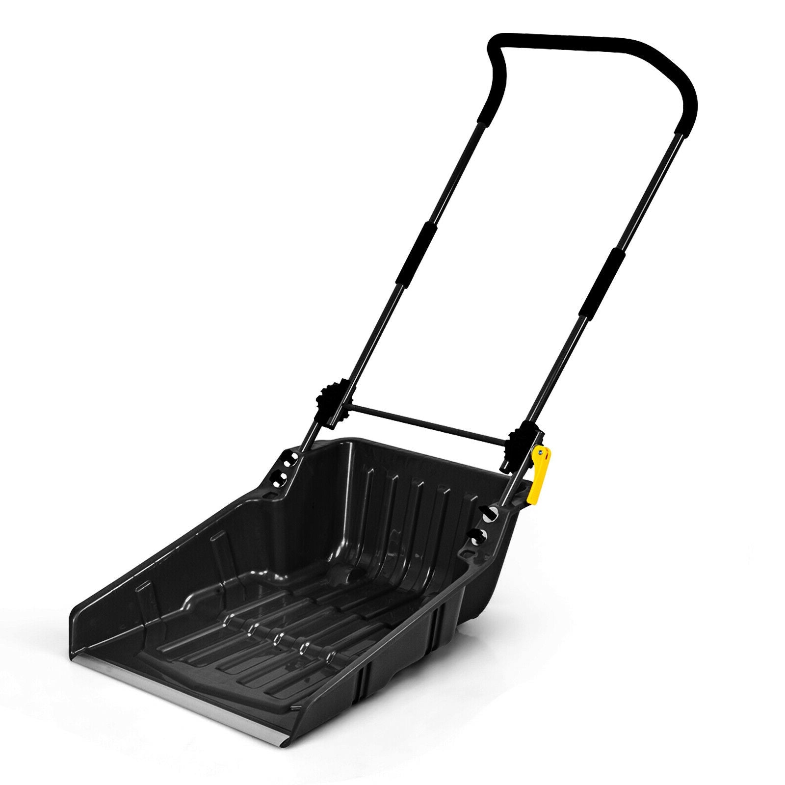 Folding Snow Pusher Scoop Shovel with Wheels and Handle-Black