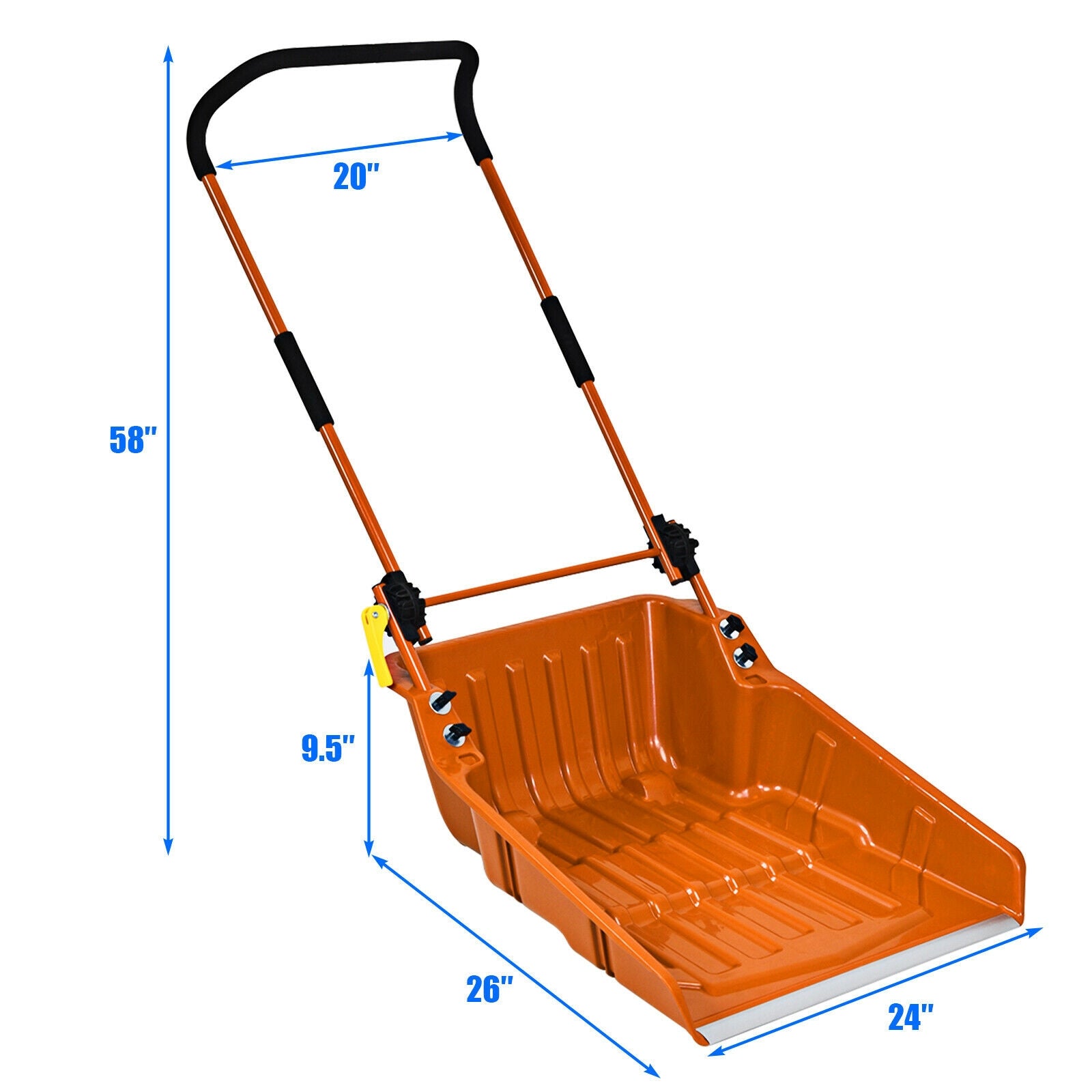 Folding Snow Pusher Scoop Shovel with Wheels and Handle-Orange