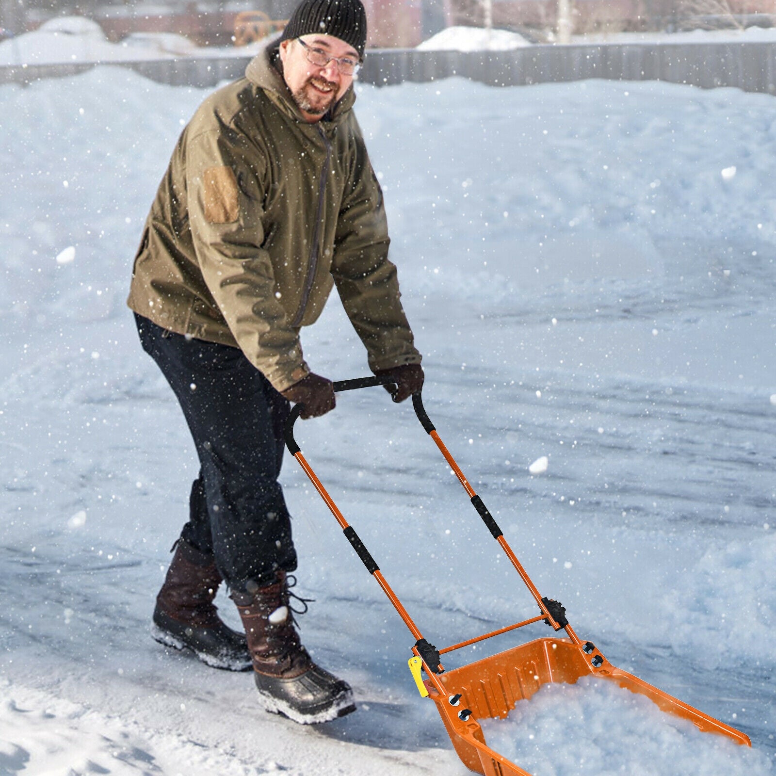 Folding Snow Pusher Scoop Shovel with Wheels and Handle-Orange