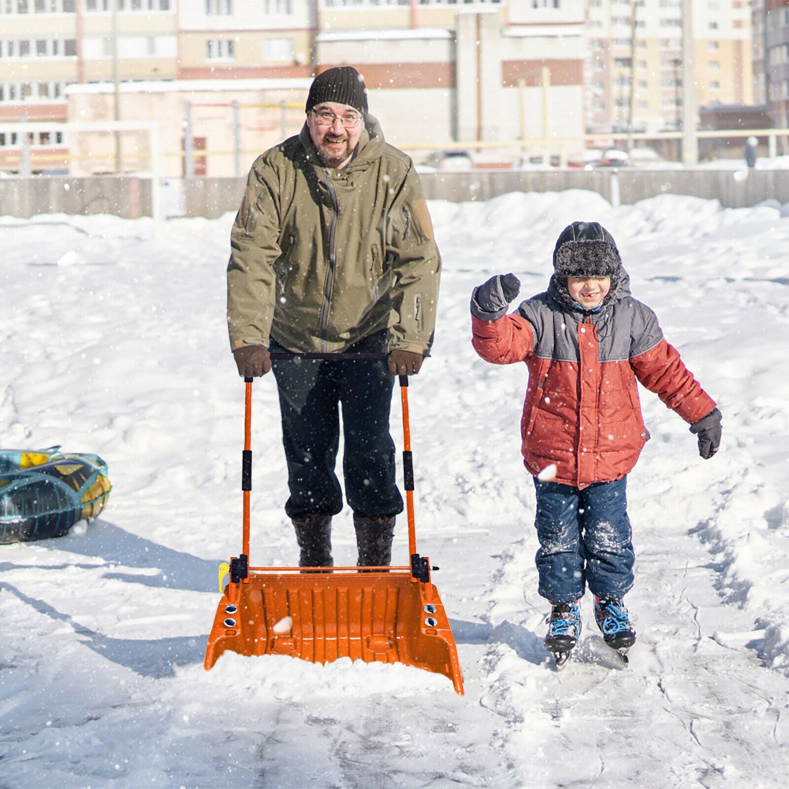 Folding Snow Pusher Scoop Shovel with Wheels and Handle-Orange 