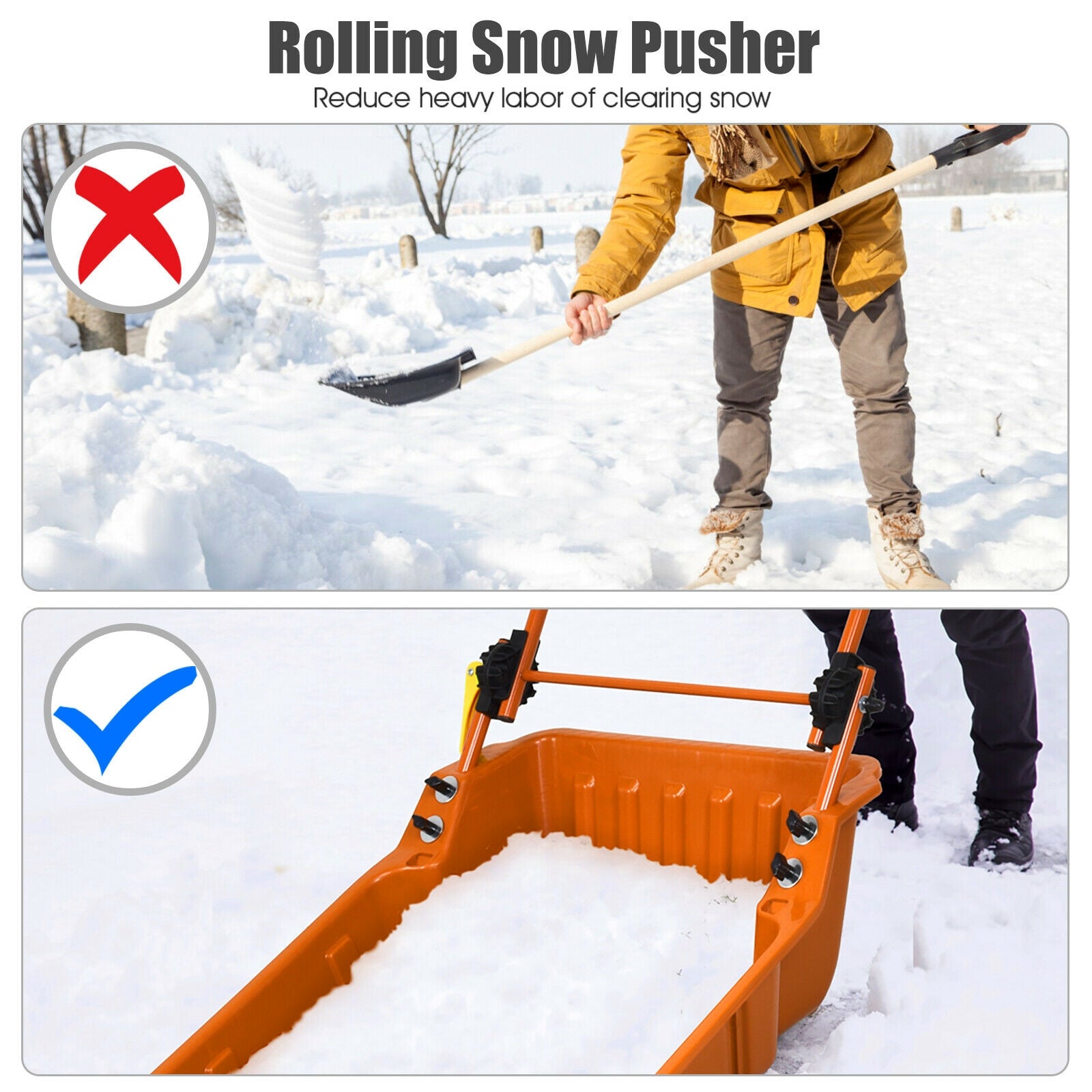 Folding Snow Pusher Scoop Shovel with Wheels and Handle-Orange