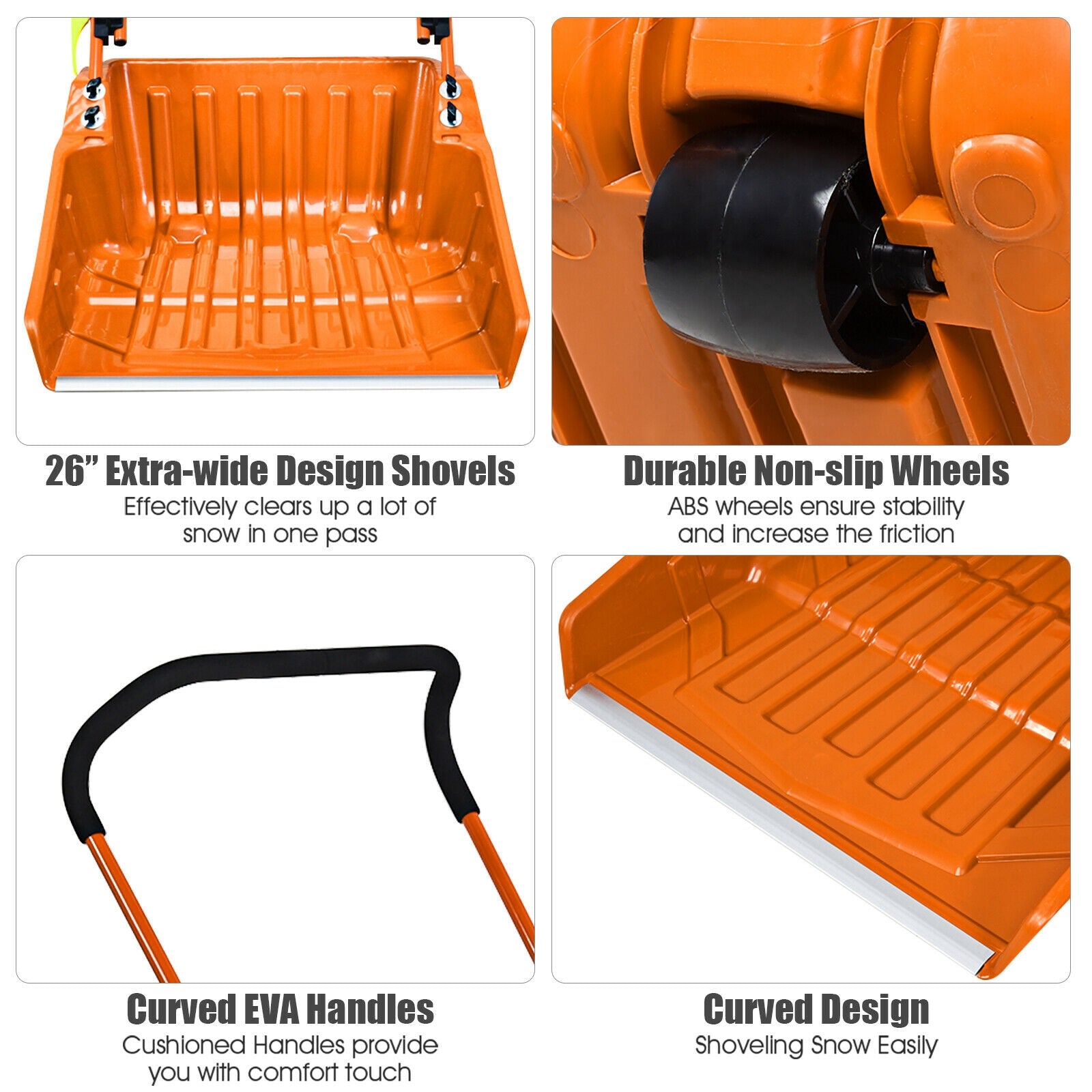 Folding Snow Pusher Scoop Shovel with Wheels and Handle-Orange