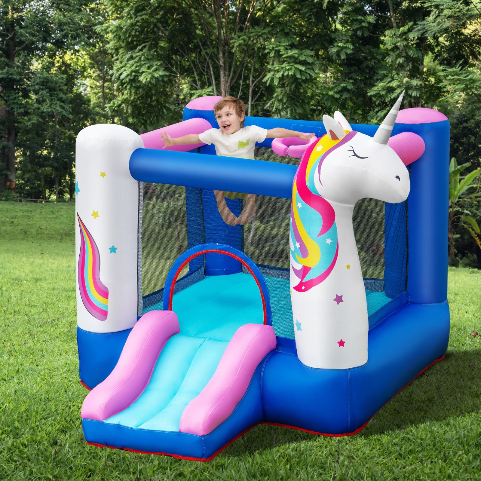 Inflatable Slide Bouncer with Basketball Hoop for Kids Without Blower 