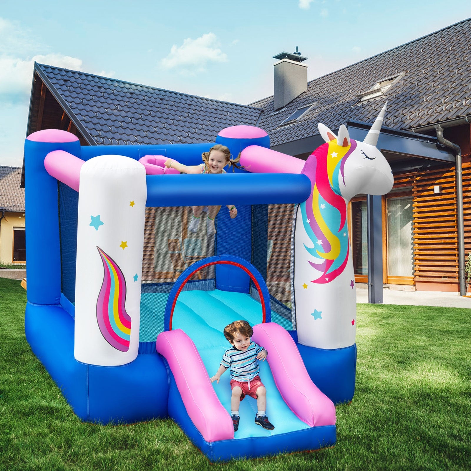 Inflatable Slide Bouncer with Basketball Hoop for Kids Without Blower