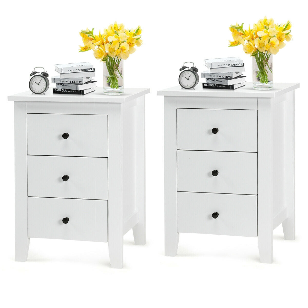 2 Pieces Nightstand End Beside Table with 3 Drawers-White