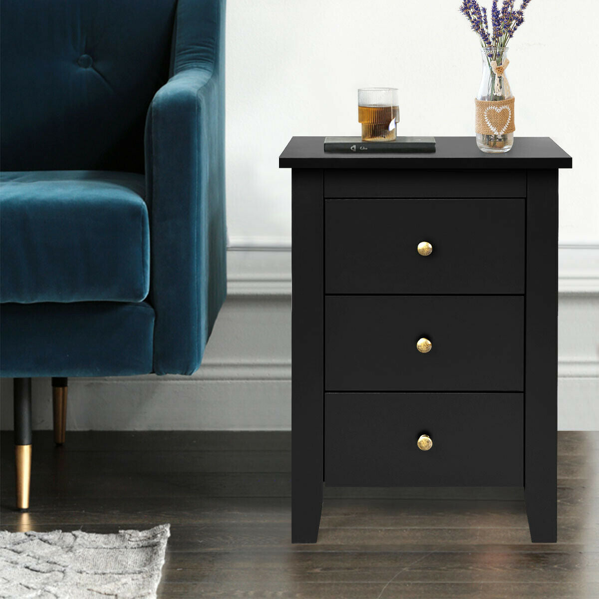 2 pcs Nightstand End Beside Table Drawers-Black