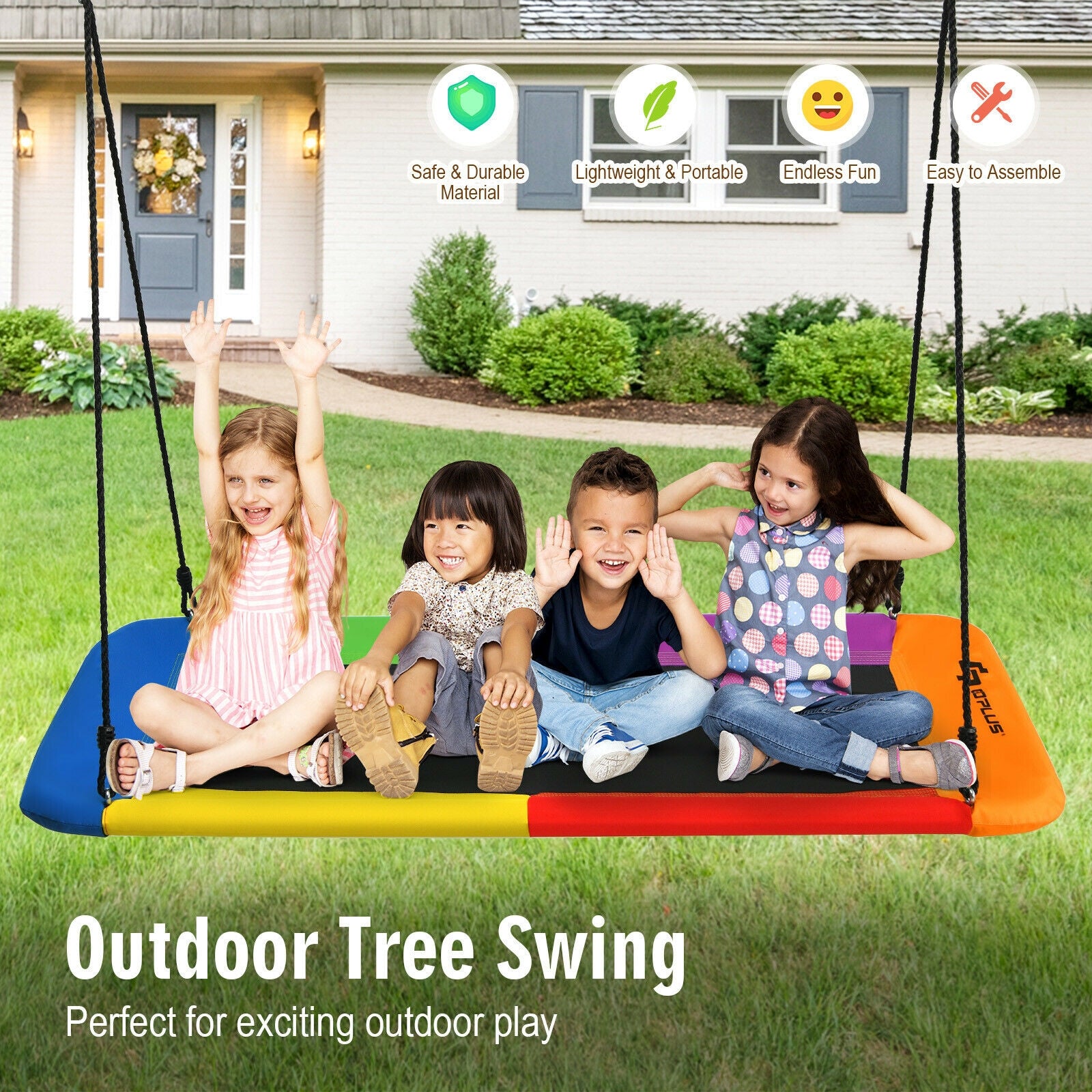 60 Inch Platform Tree Swing Outdoor with 2 Hanging Straps-Multicolor