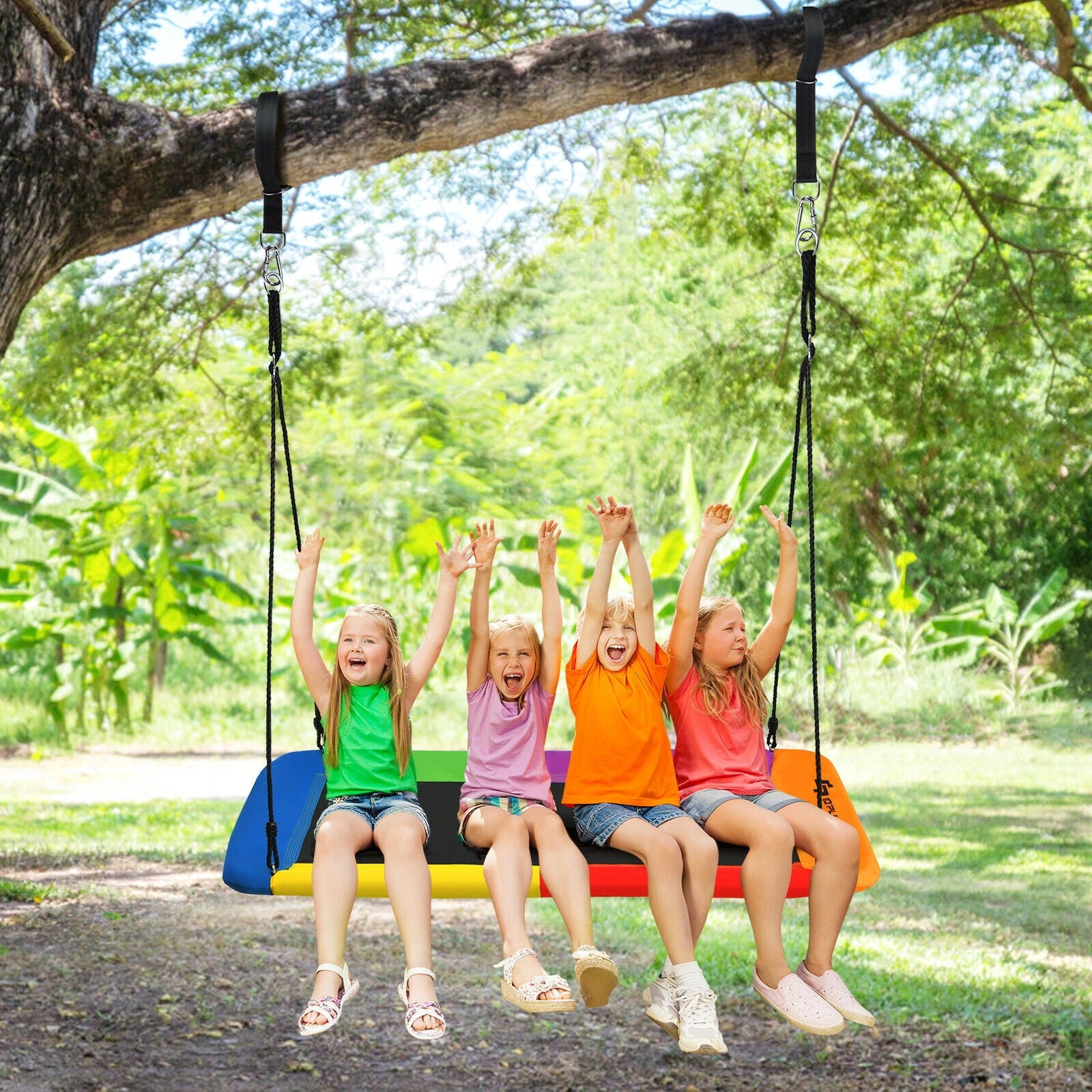 60 Inch Platform Tree Swing Outdoor with 2 Hanging Straps-Multicolor