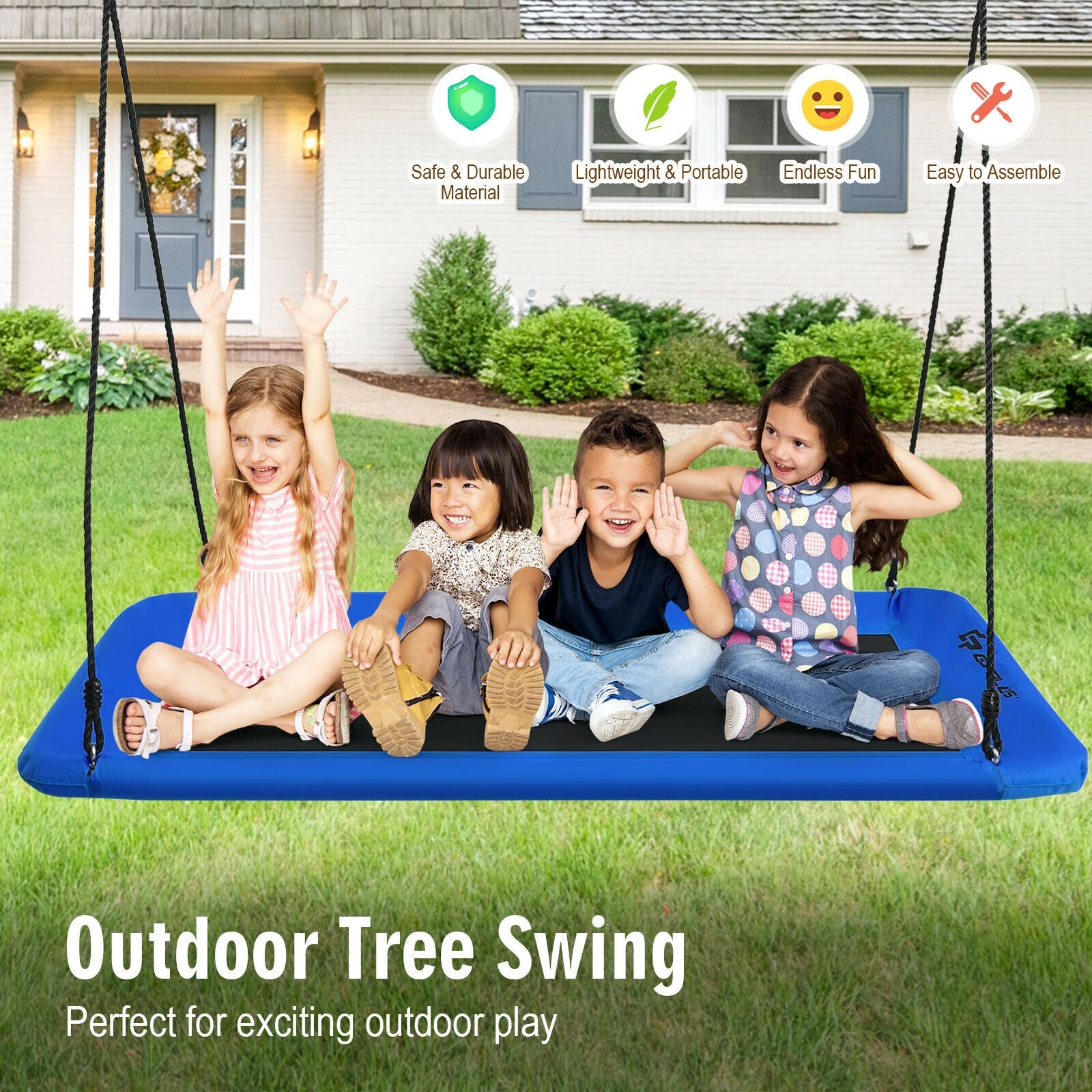 60 Inch Platform Tree Swing Outdoor with 2 Hanging Straps-Blue