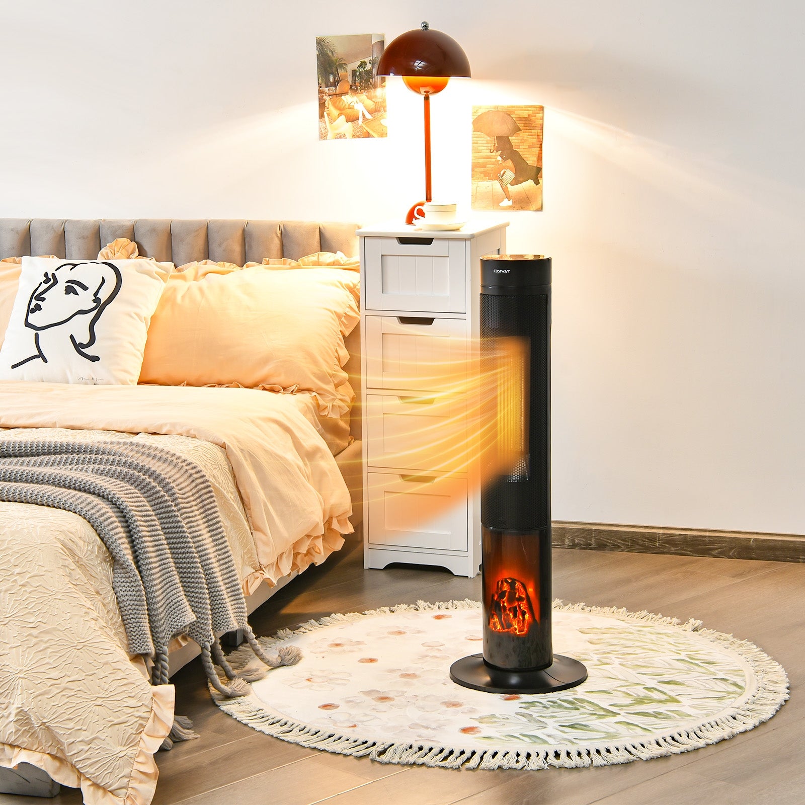 1500W Ceramic Tower Space Heater with Remote Control and Realistic 3D Flame