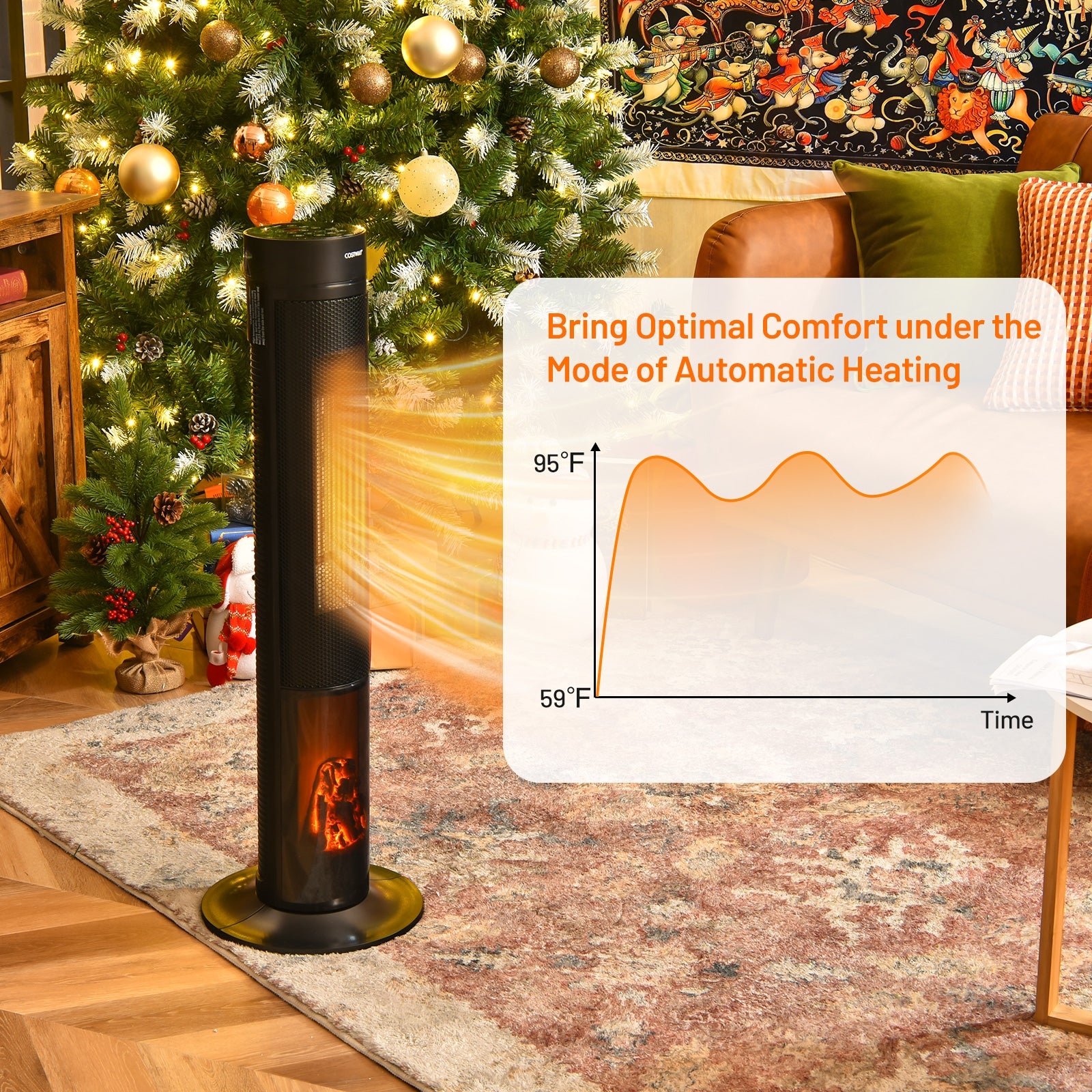 1500W Ceramic Tower Space Heater with Remote Control and Realistic 3D Flame