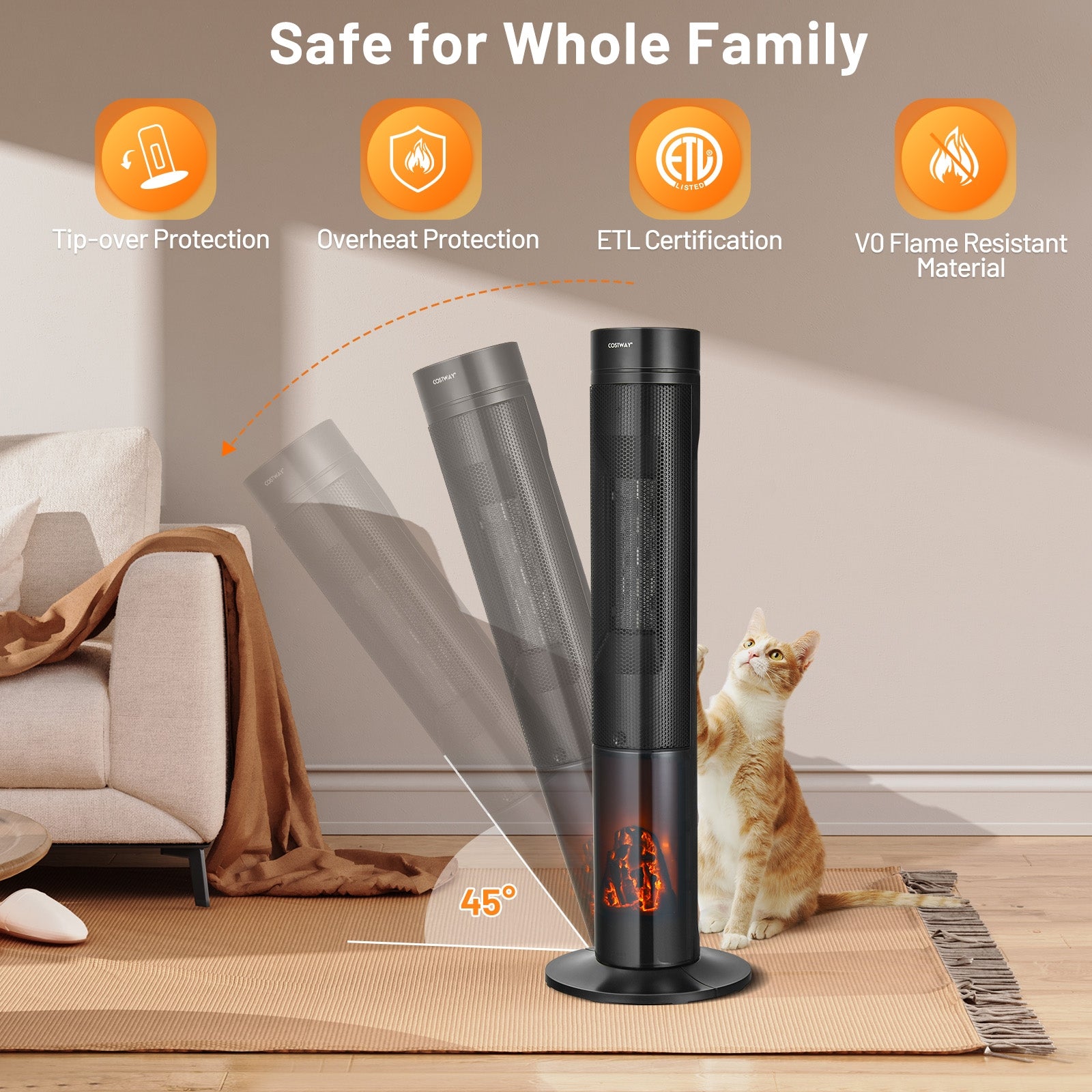 1500W Ceramic Tower Space Heater with Remote Control and Realistic 3D Flame