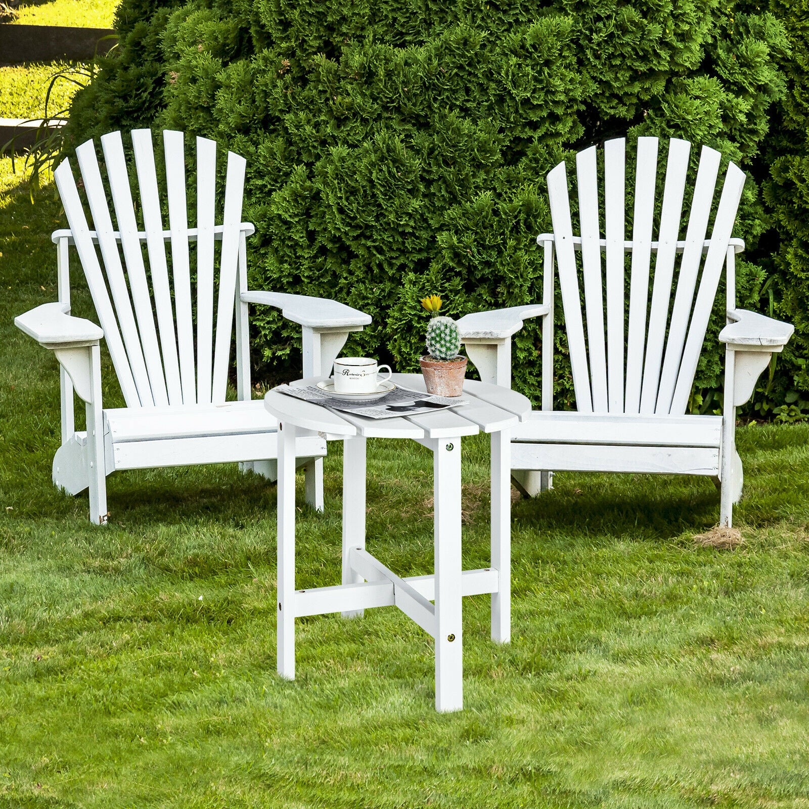 18 Inch Patio Round Side Wooden Slat End Coffee Table for Garden-White