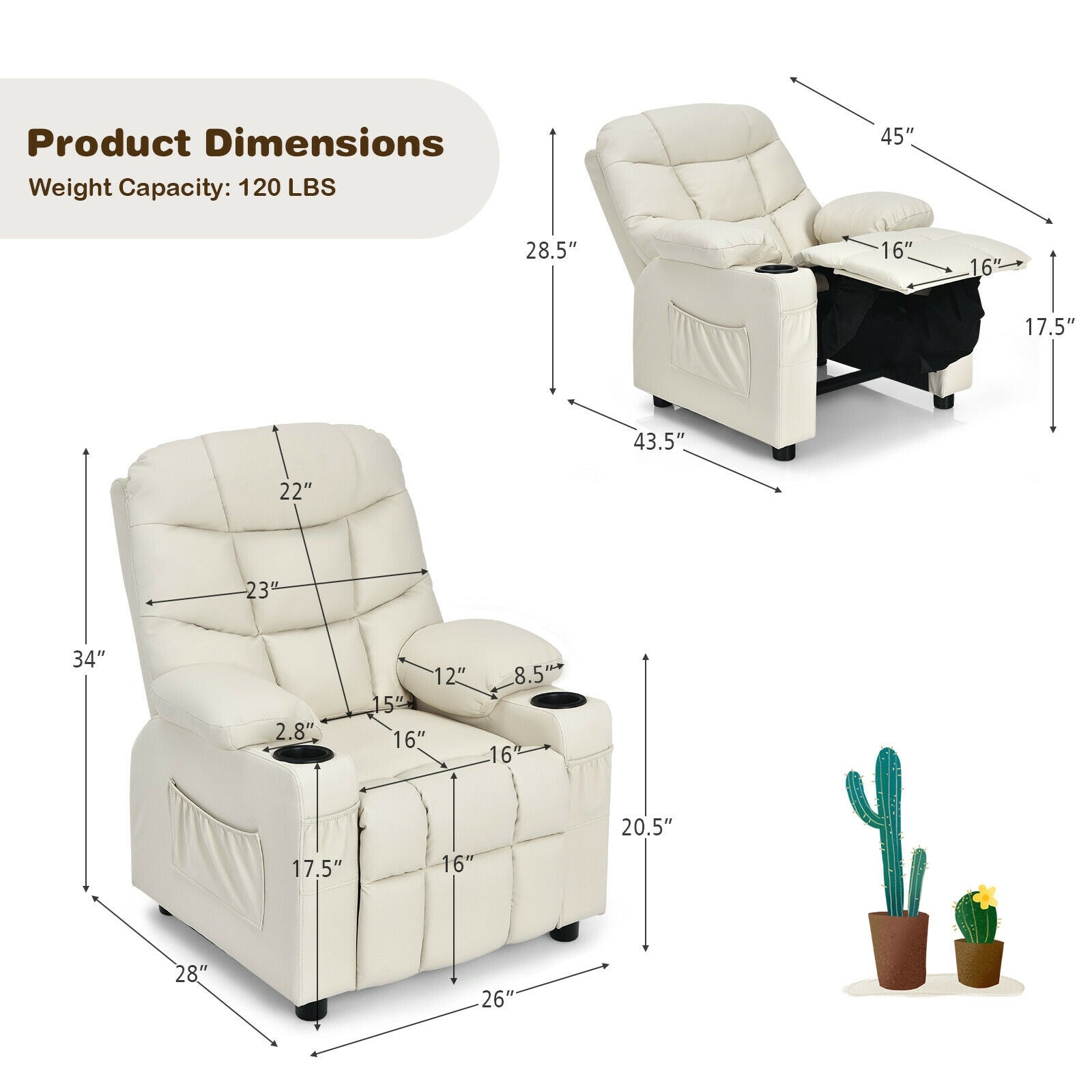 Kids Recliner Chair with Cup Holder and Footrest for Children-Beige