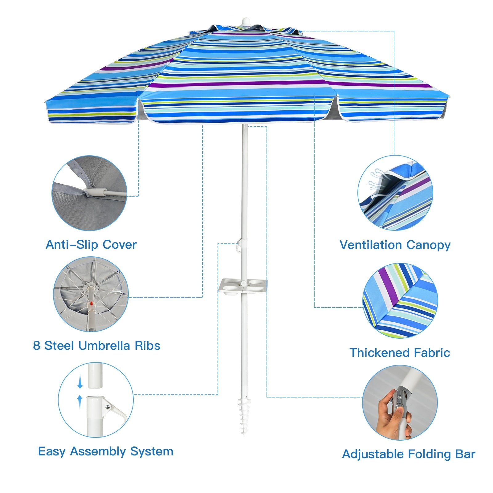 7.2 Feet Portable Outdoor Beach Umbrella with Sand Anchor and Tilt Mechanism-Blue