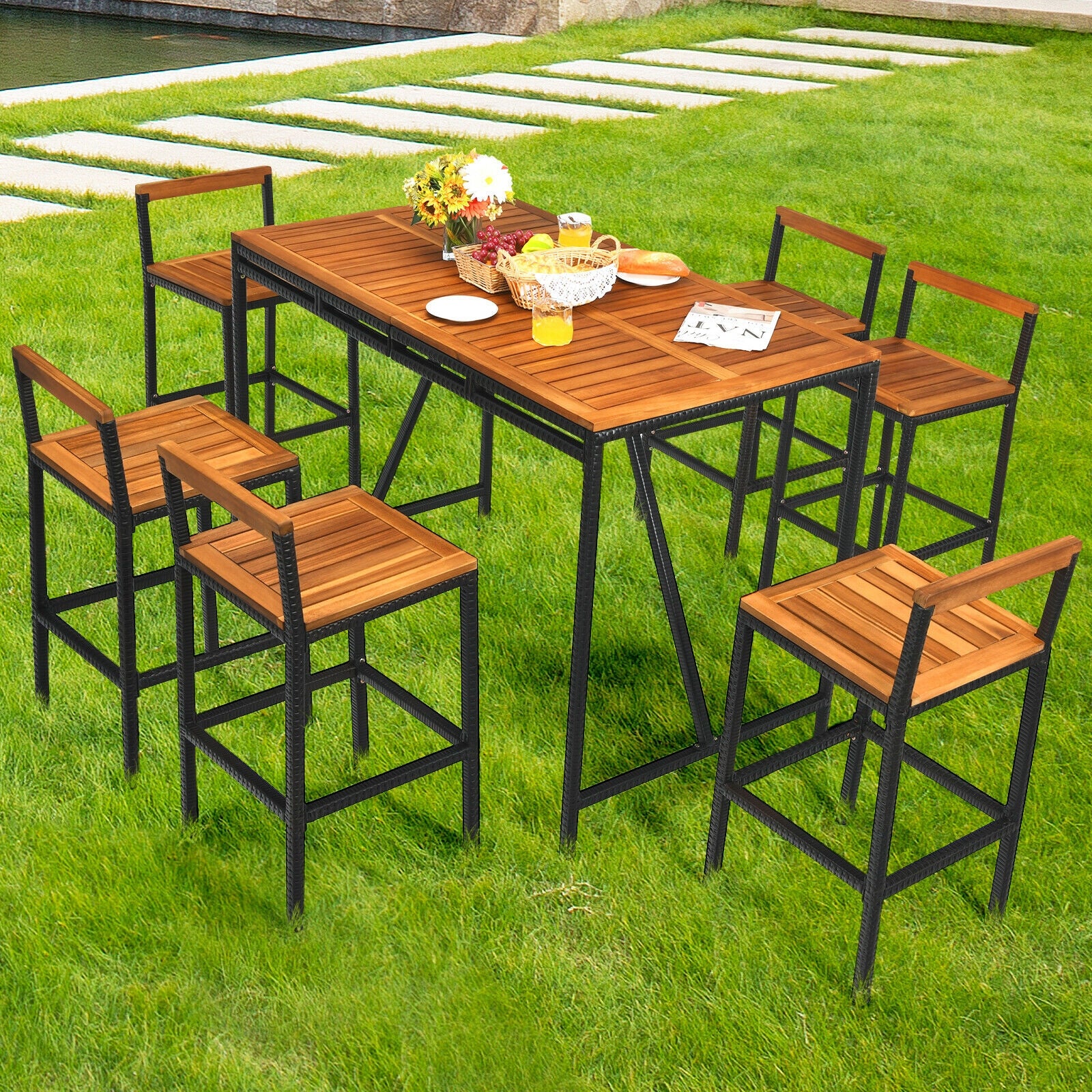 7 Pieces Acacia Wood Patio Rattan Bar Set with Umbrella Hole 