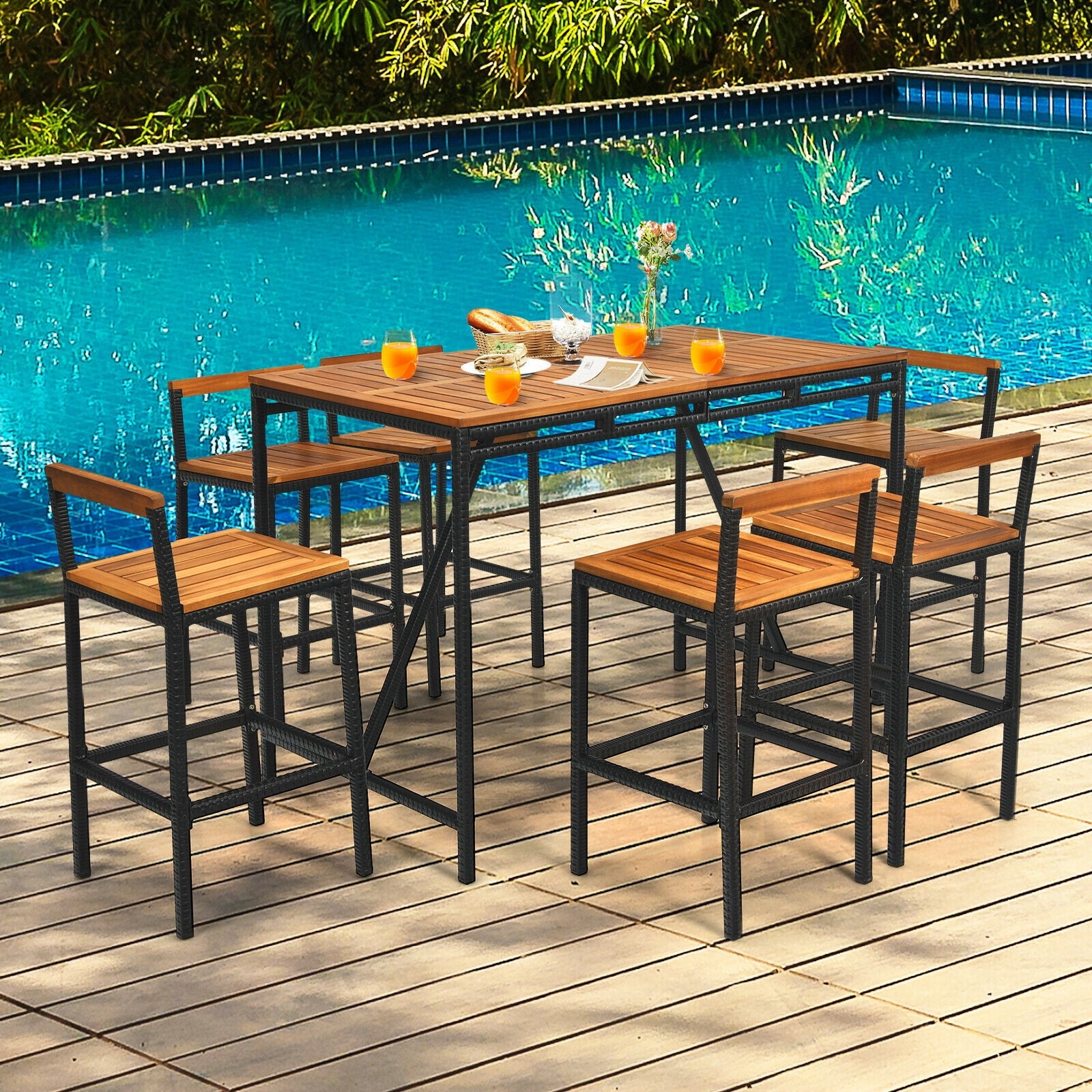 7 Pieces Acacia Wood Patio Rattan Bar Set with Umbrella Hole