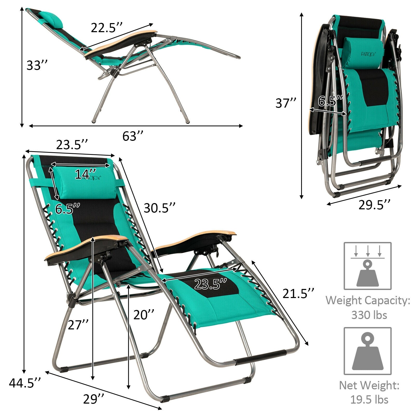 Oversize Folding Adjustable Padded Zero Gravity Lounge Chair-Turquoise