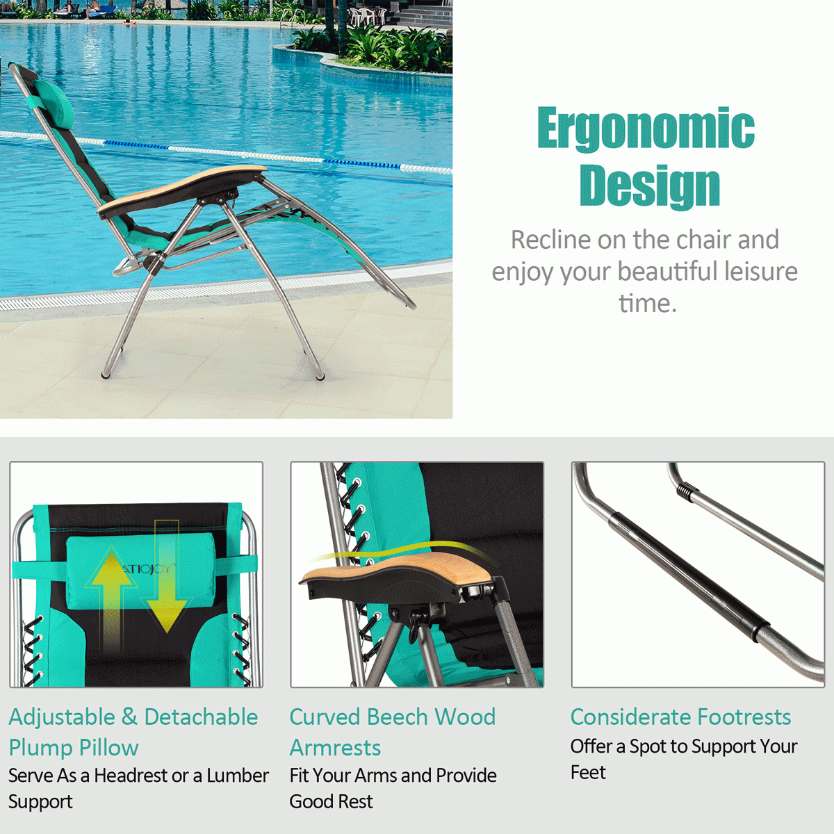 Oversize Folding Adjustable Padded Zero Gravity Lounge Chair-Turquoise