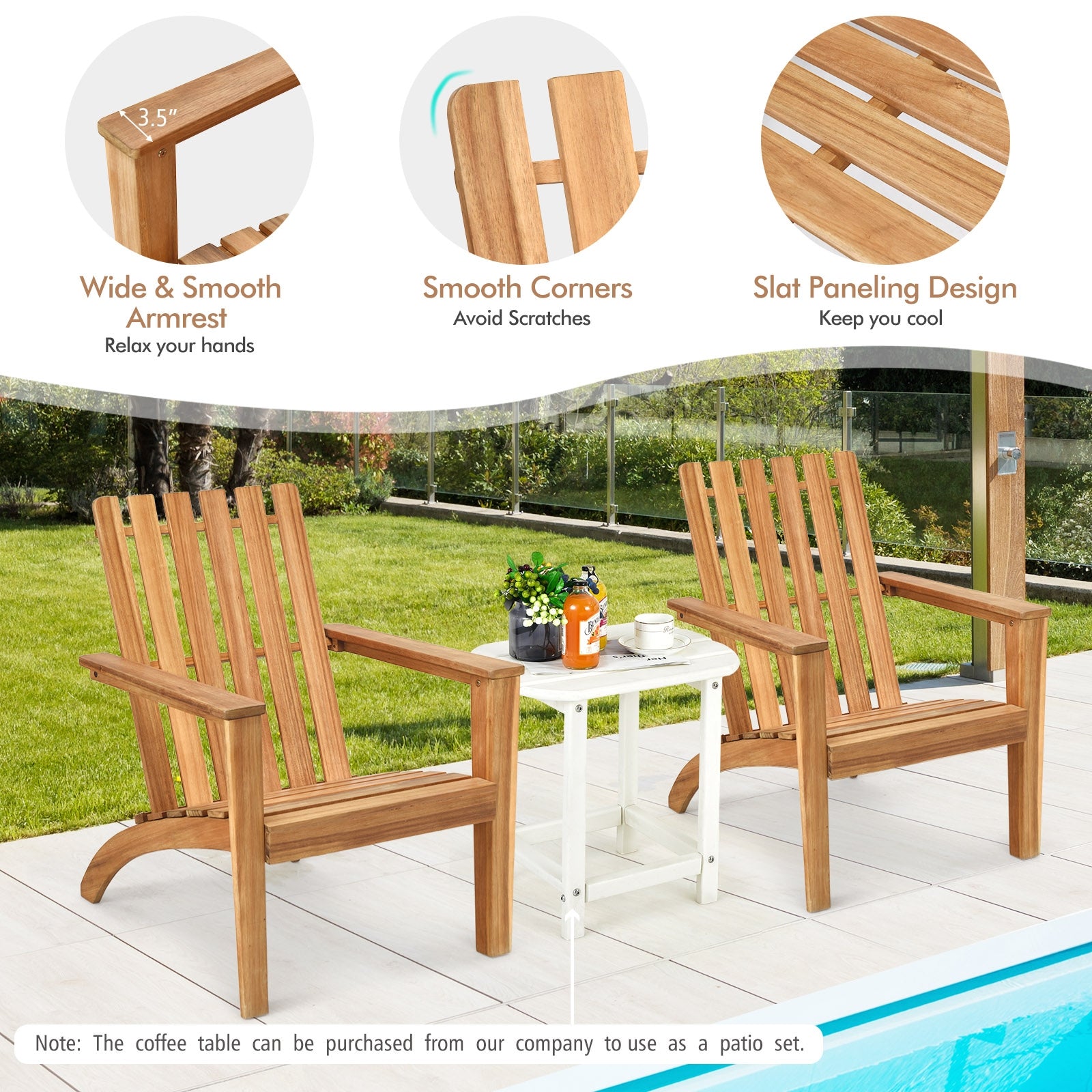 Outdoor Durable Patio Acacia Wood Adirondack Lounge Armchair-Natural