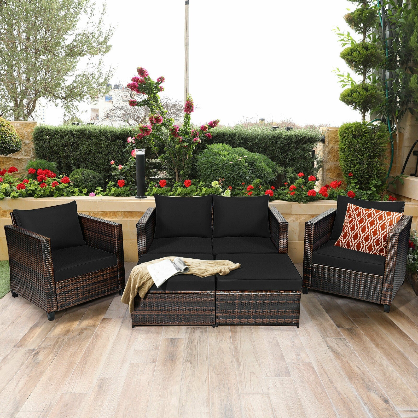 5 Pieces Patio Cushioned Rattan Furniture Set-Black 