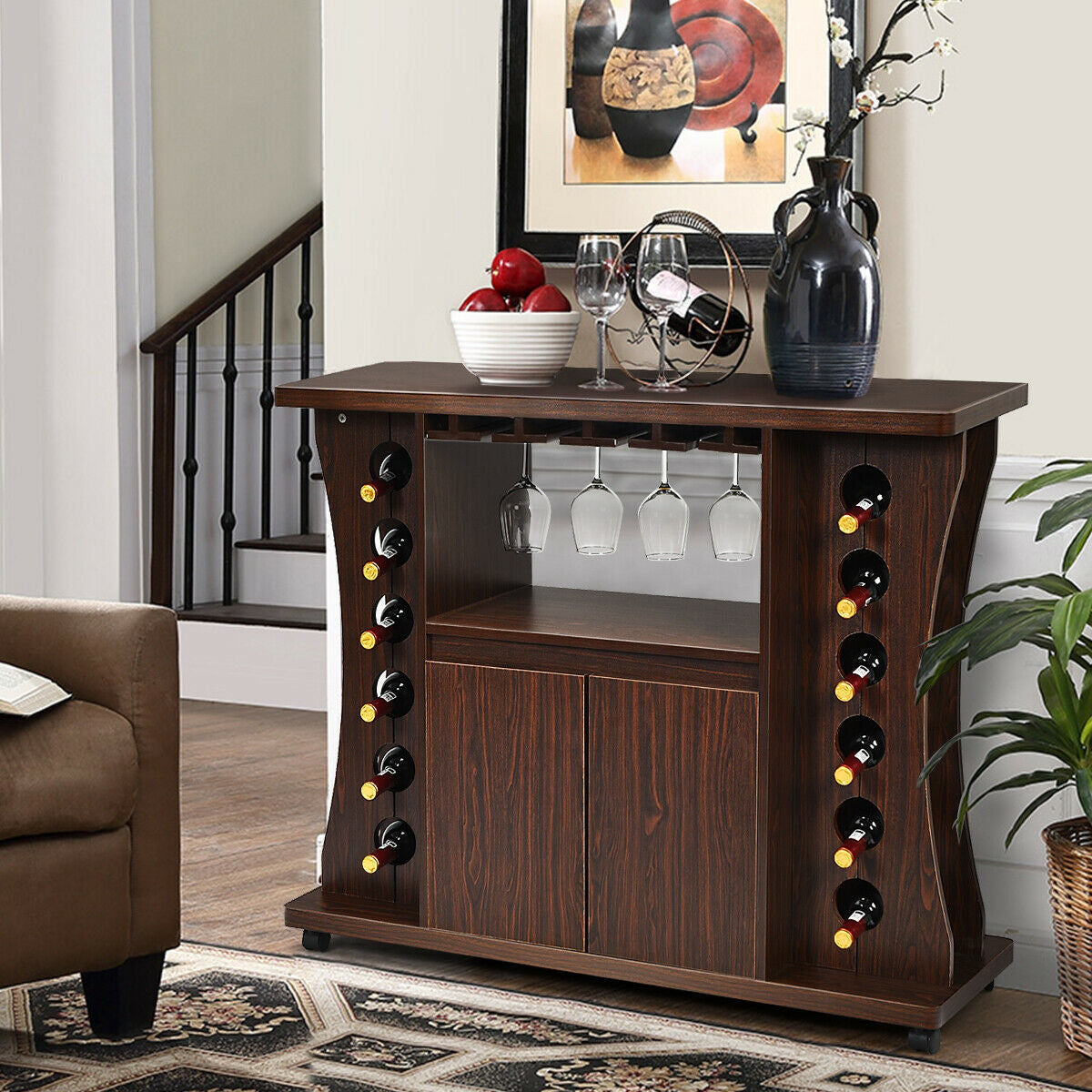 Rolling Buffet Sideboard Wooden Bar Storage Cabinet-Walnut