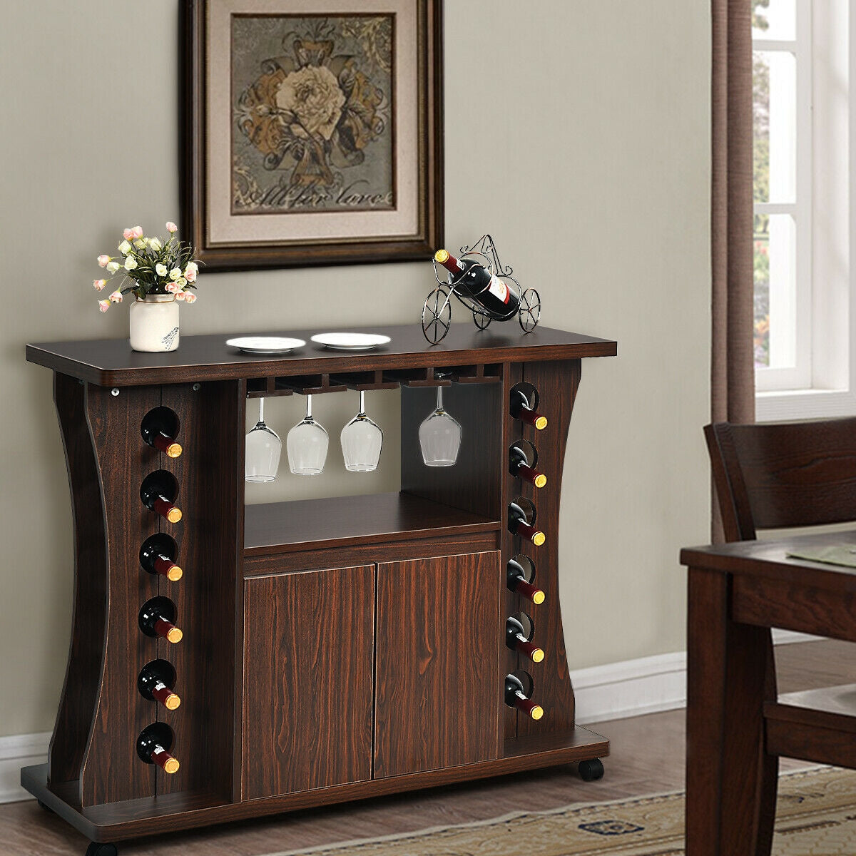 Rolling Buffet Sideboard Wooden Bar Storage Cabinet-Walnut 