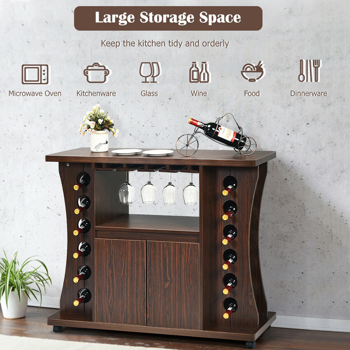 Rolling Buffet Sideboard Wooden Bar Storage Cabinet-Walnut