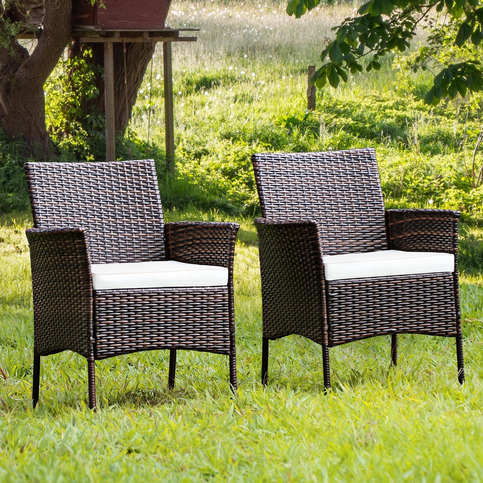 2 Pieces Outdoor PE Rattan Armchairs with Removable Cushions