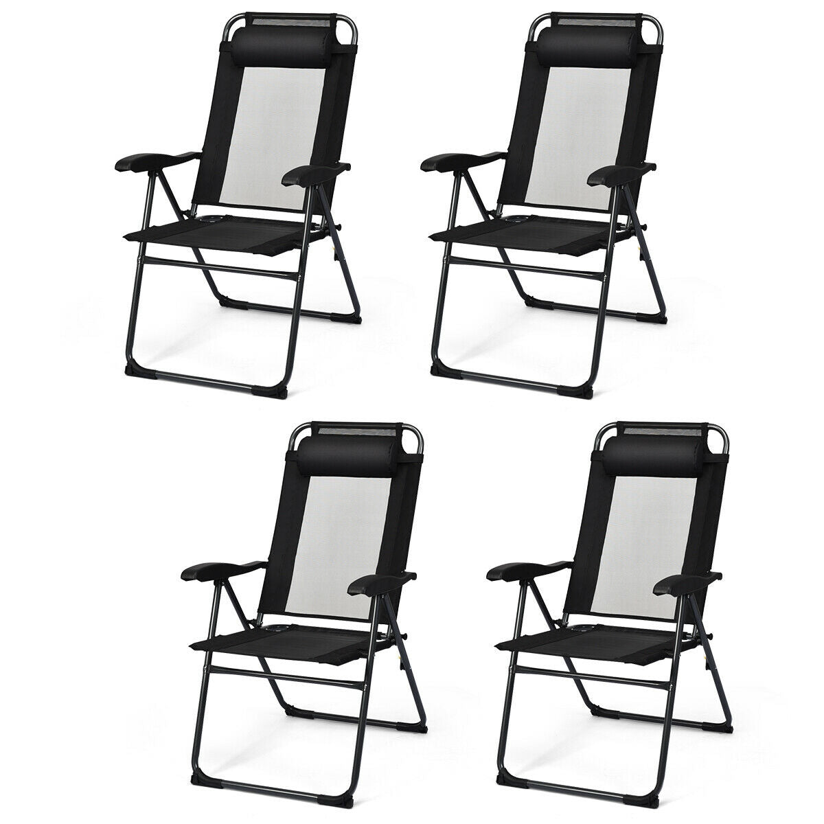 4 Pieces Patio Garden Adjustable Reclining Folding Chairs with Headrest-Black