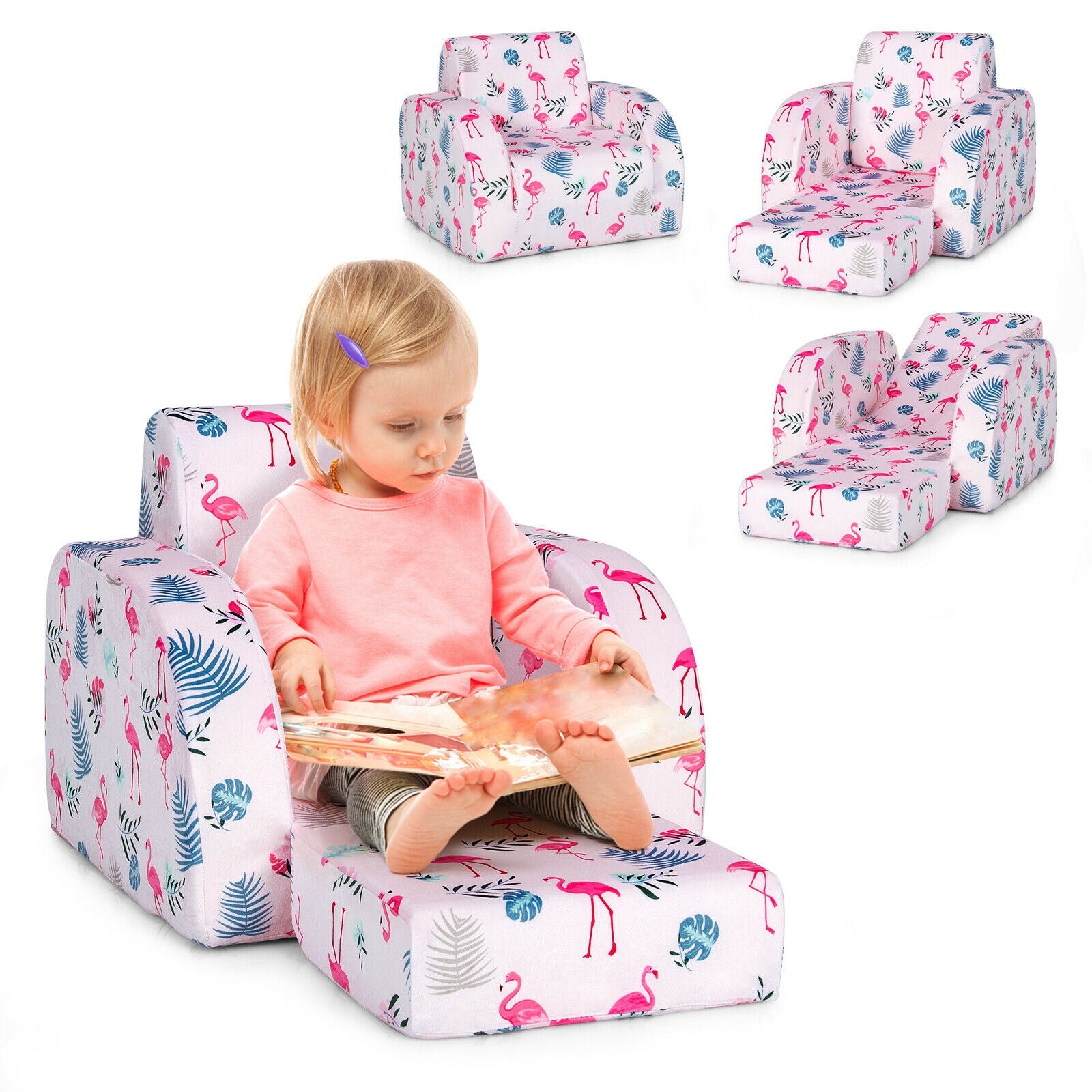 3-in-1 Convertible Kid Sofa Bed Flip-Out Chair Lounger for Toddler-Pink