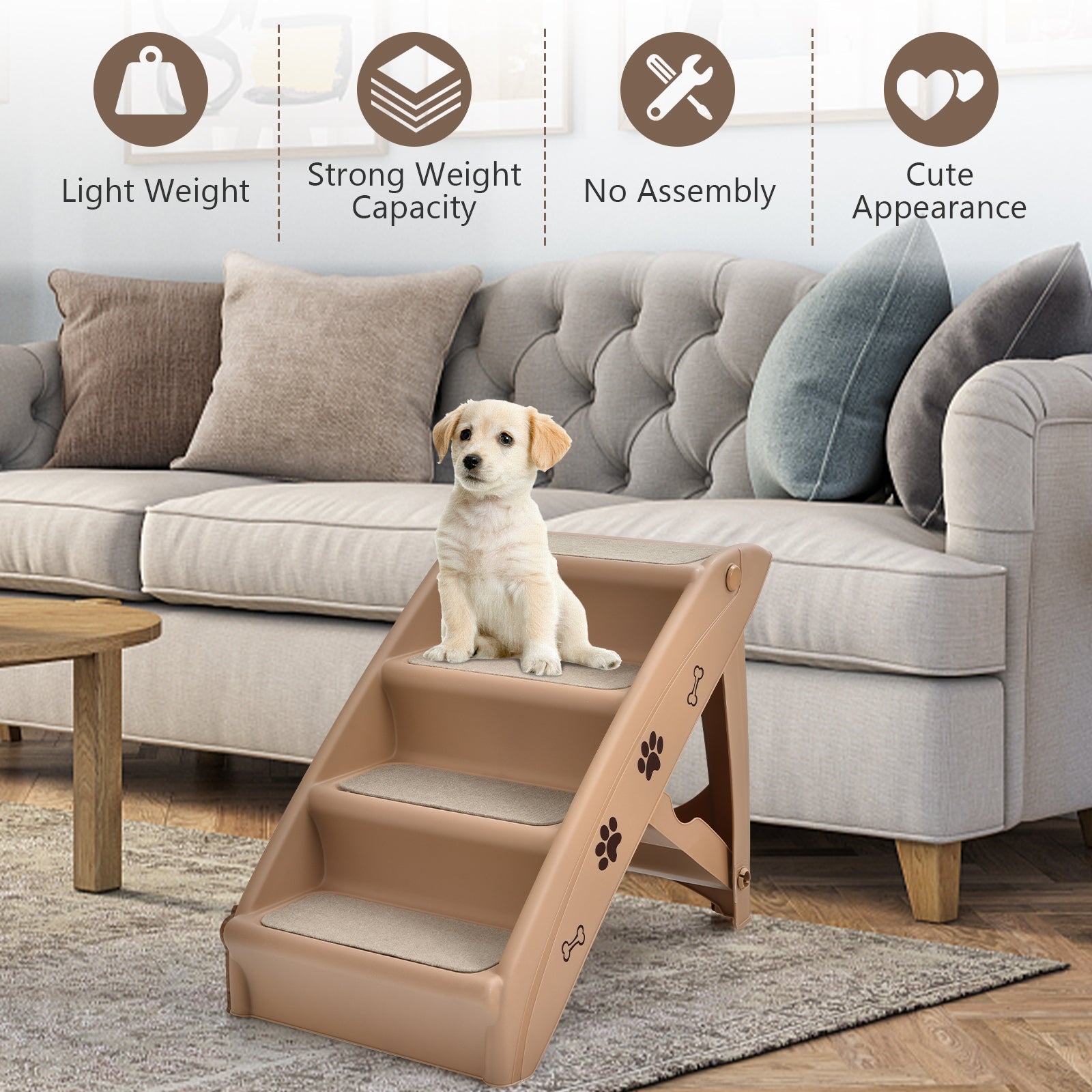 Collapsible Plastic Pet Stairs 4 Step Ladder for Small Dog and Cats-Coffee