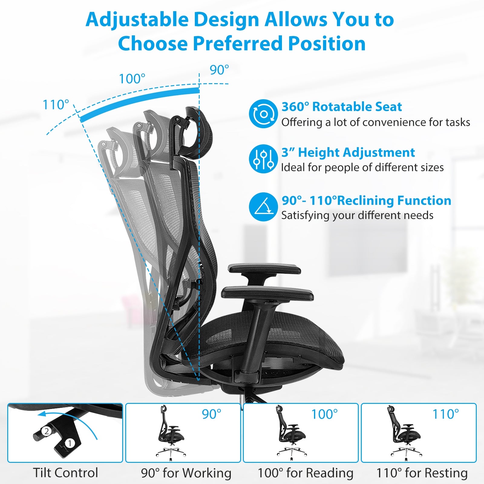 High-Back Mesh Executive Chair with Sliding Seat and Adjustable Lumbar Support