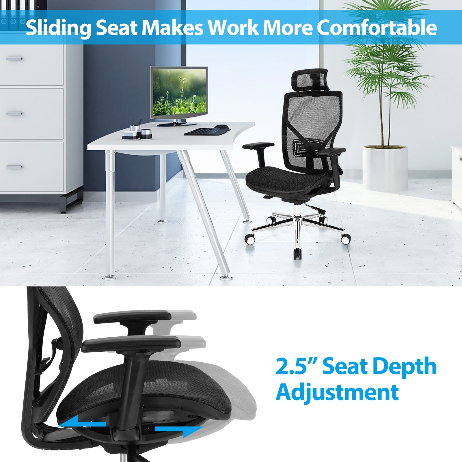 High-Back Mesh Executive Chair with Sliding Seat and Adjustable Lumbar Support