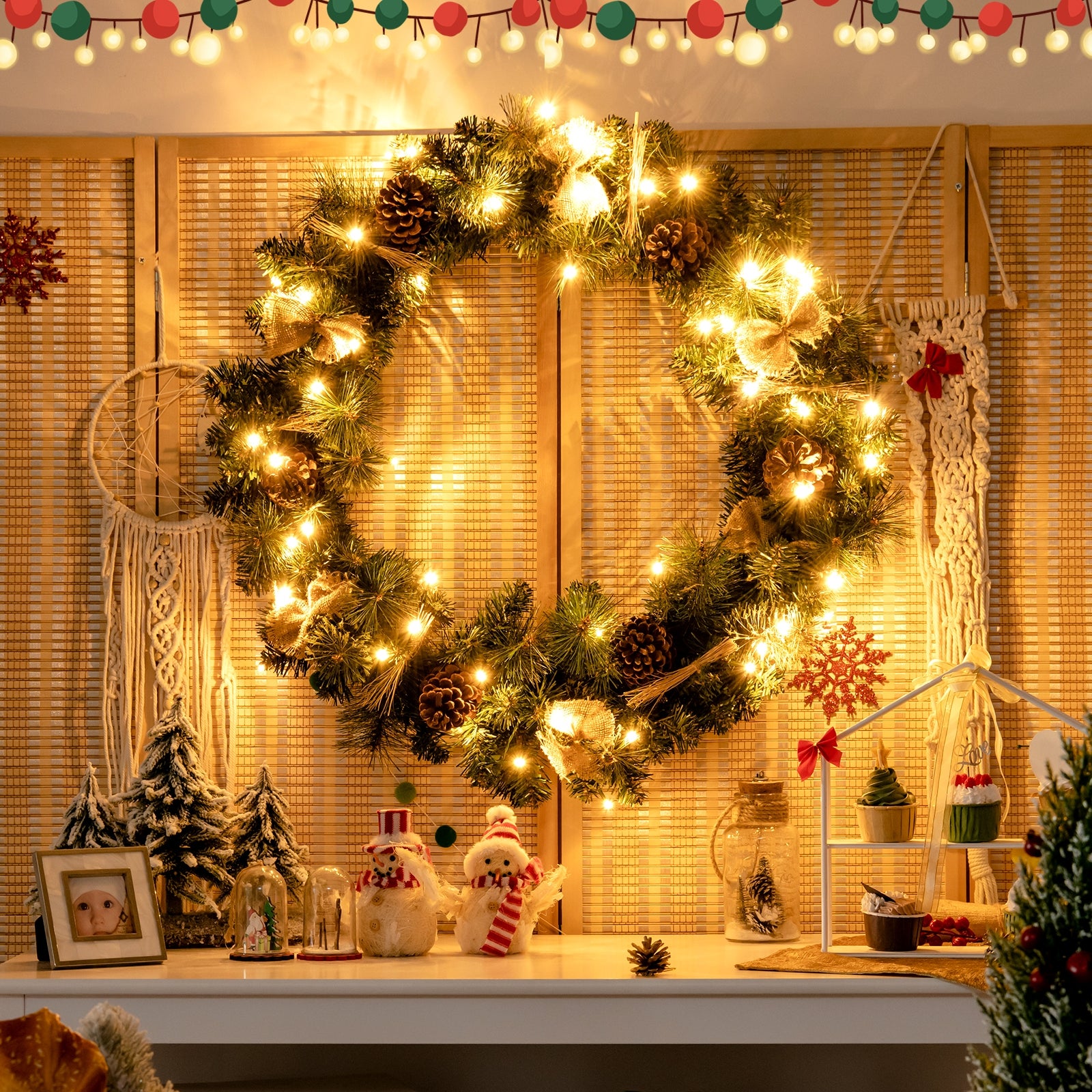 30 Inch Pre-lit Christmas Wreath with Mixed Decorations