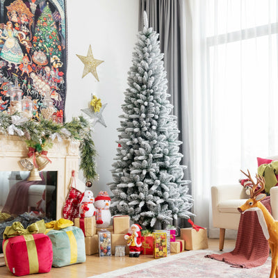 Snow-Flocked Hinged Artificial Christmas Pencil Tree with Mixed Tips-7.5' 