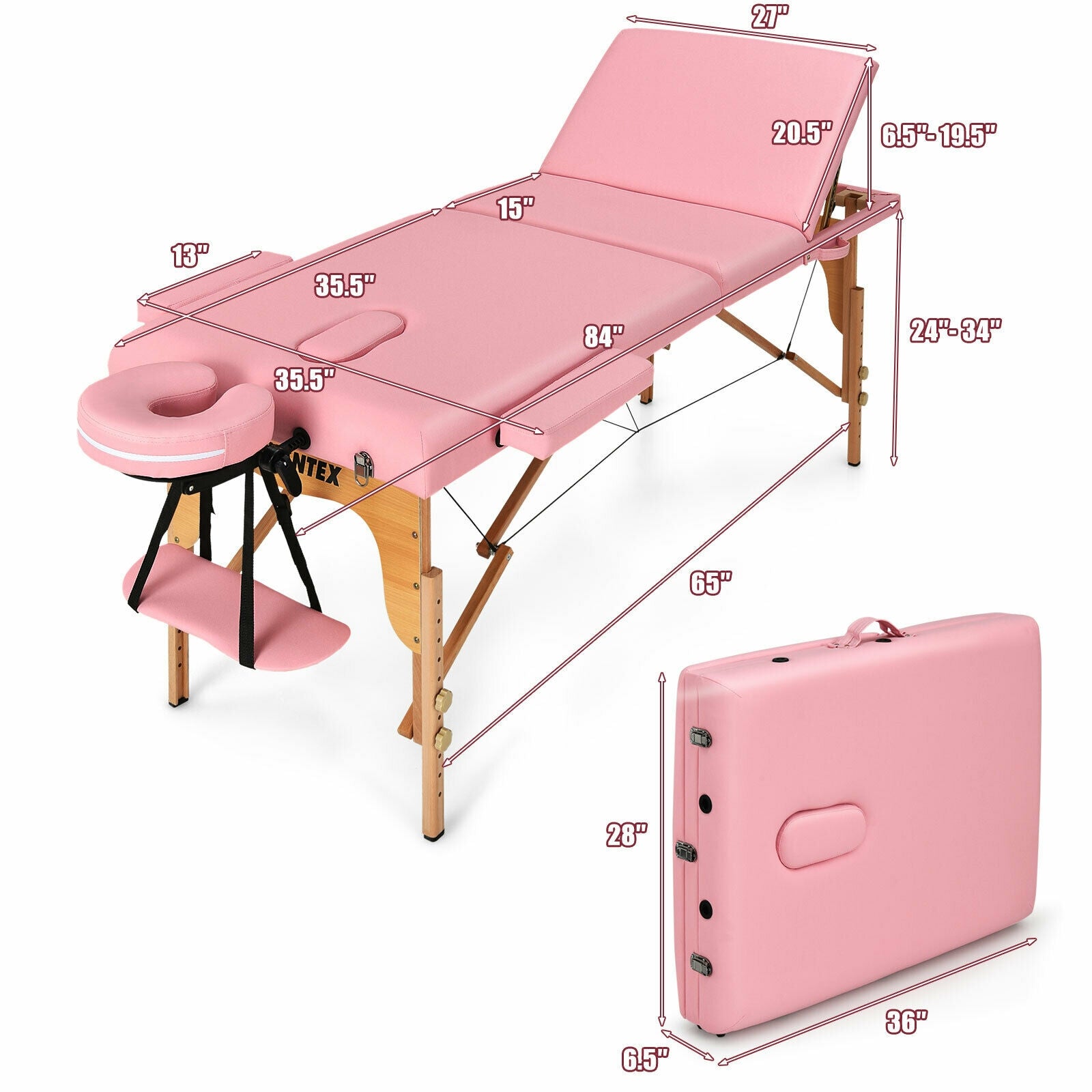 3 Fold Portable Adjustable Massage Table with Carry Case-Pink