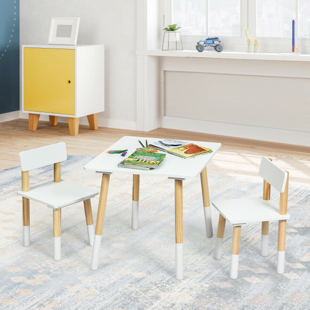 Kids Wooden Table and 2 Chairs Set-White 