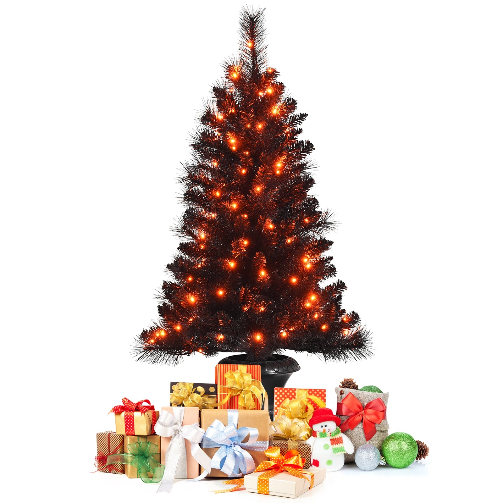 4 Feet Pre-lit Potted Christmas Halloween Tree with LED Lights