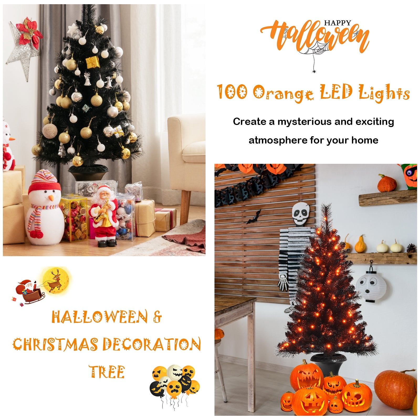 4 Feet Pre-lit Potted Christmas Halloween Tree with LED Lights