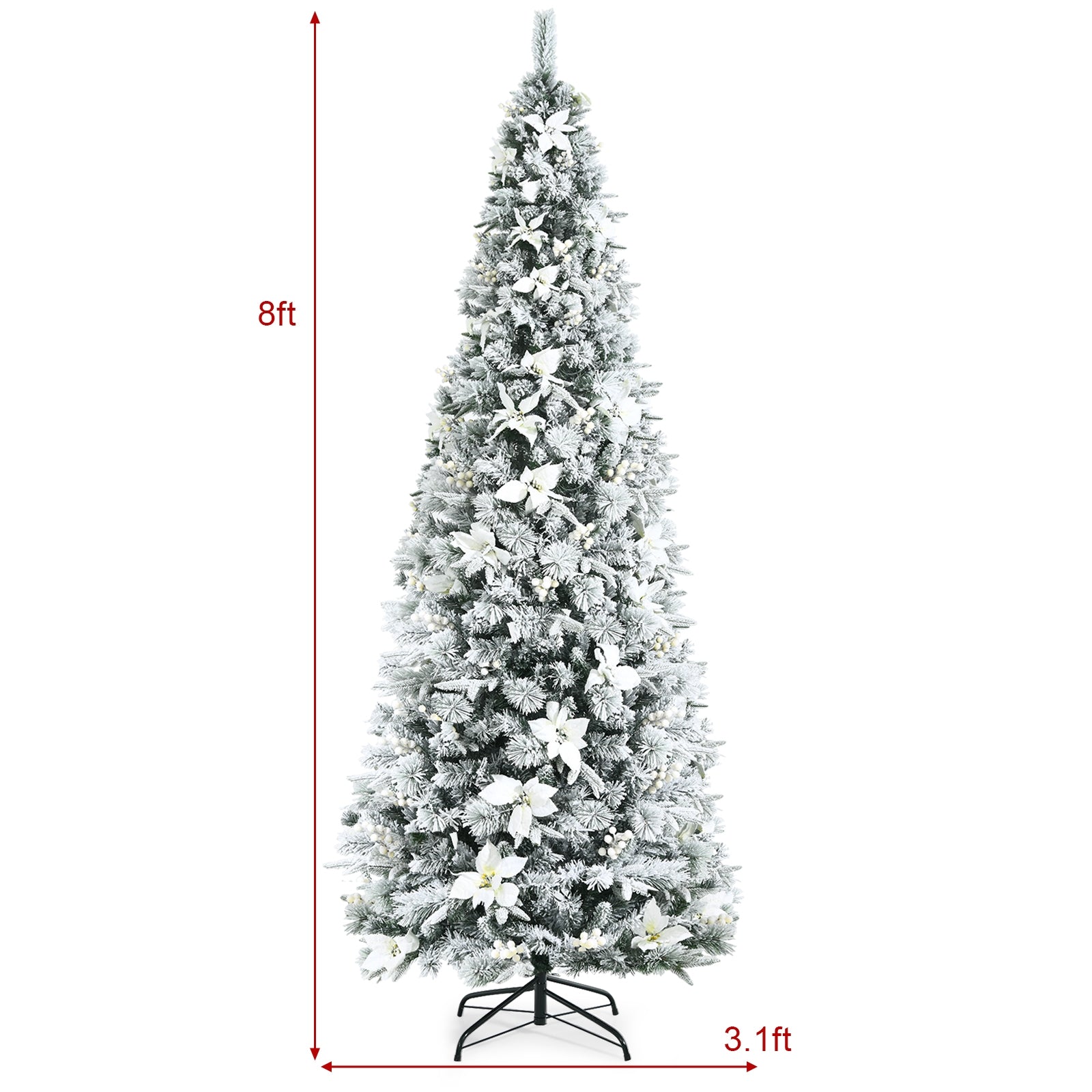 Pre-lit Snow Flocked Christmas Tree with Berries and Poinsettia Flowers-8'