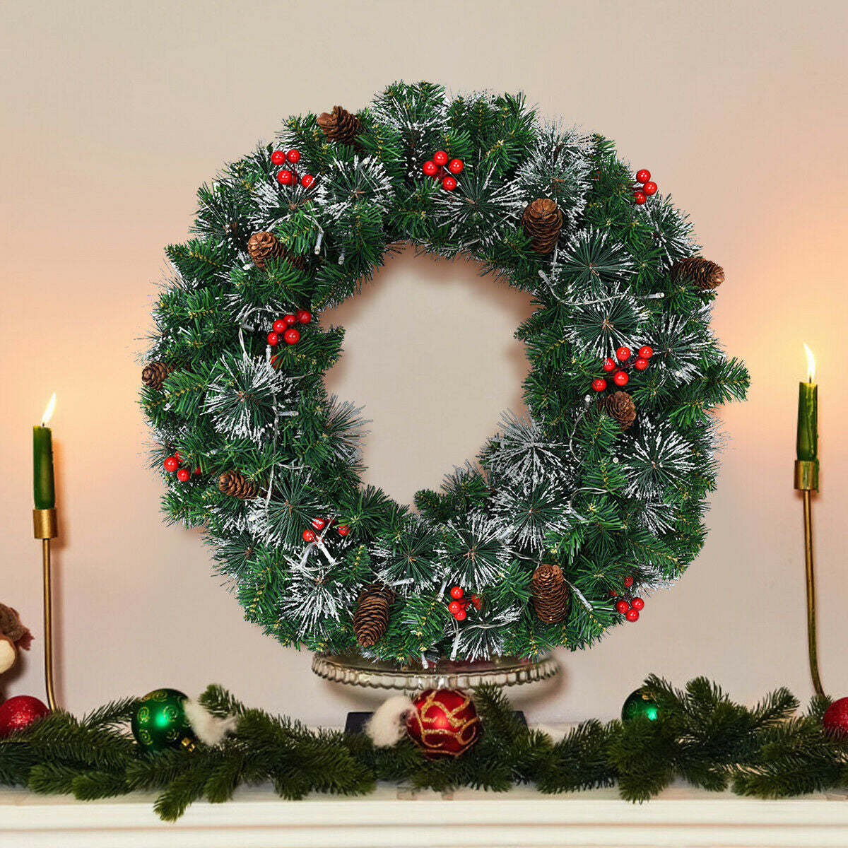 24 Inch Pre-lit Christmas Spruce Wreath with 8 Flash Modes