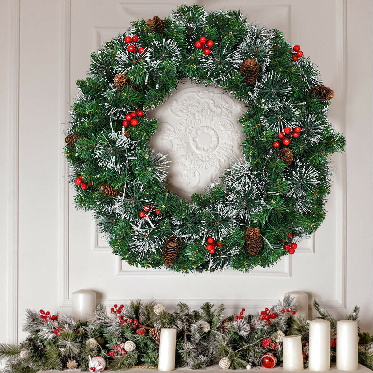 24 Inch Pre-lit Christmas Spruce Wreath with 8 Flash Modes