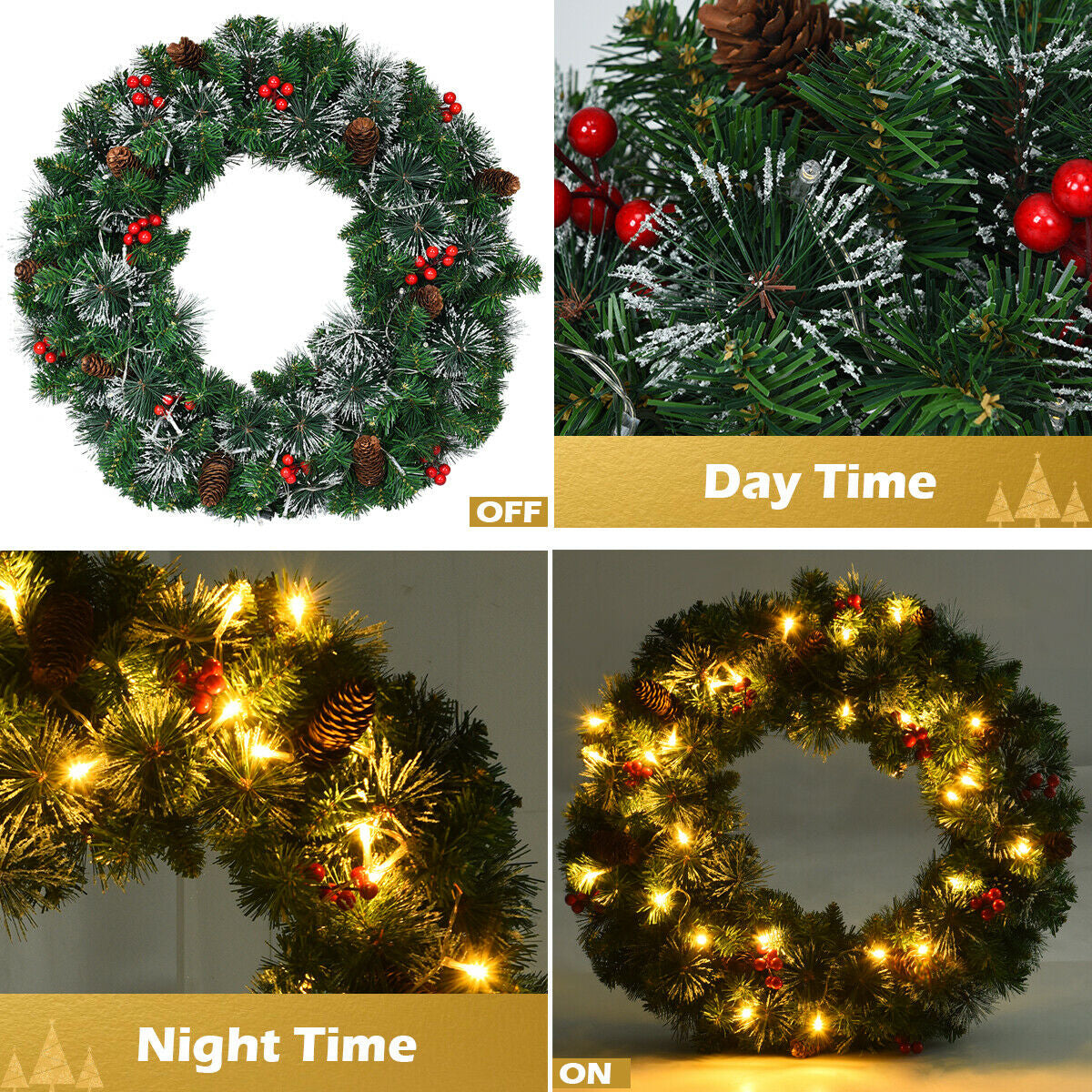 24 Inch Pre-lit Christmas Spruce Wreath with 8 Flash Modes