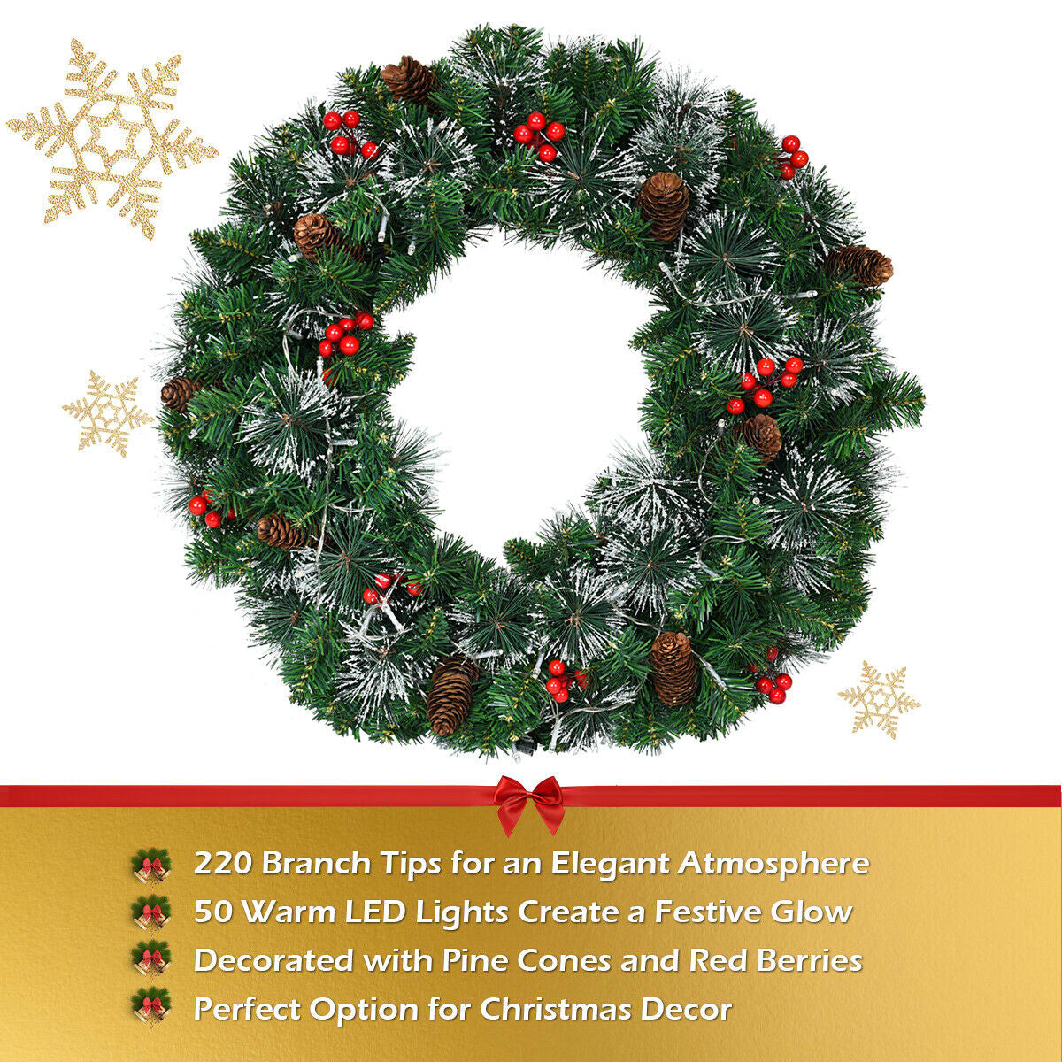 24 Inch Pre-lit Christmas Spruce Wreath with 8 Flash Modes