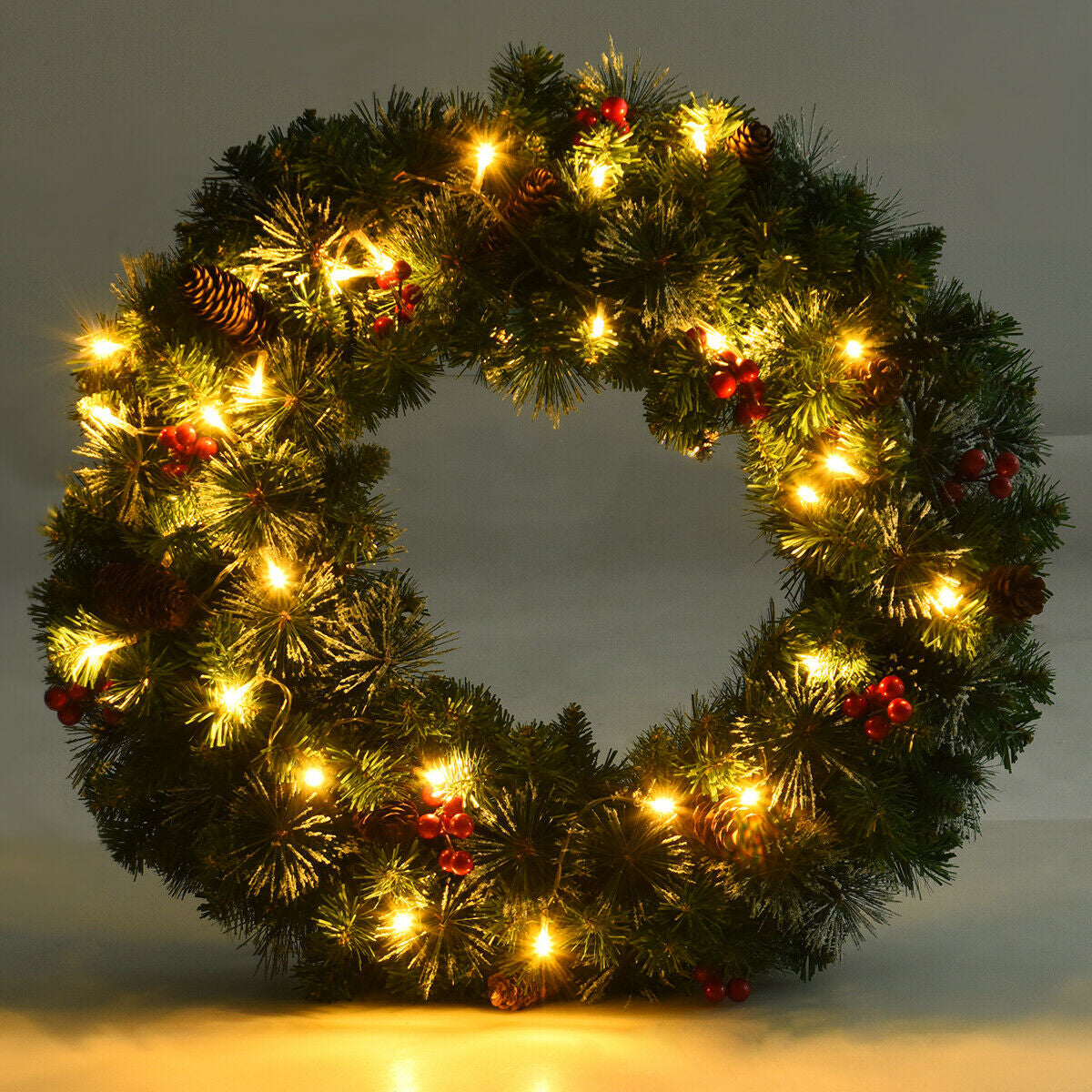 24 Inch Pre-lit Christmas Spruce Wreath with 8 Flash Modes